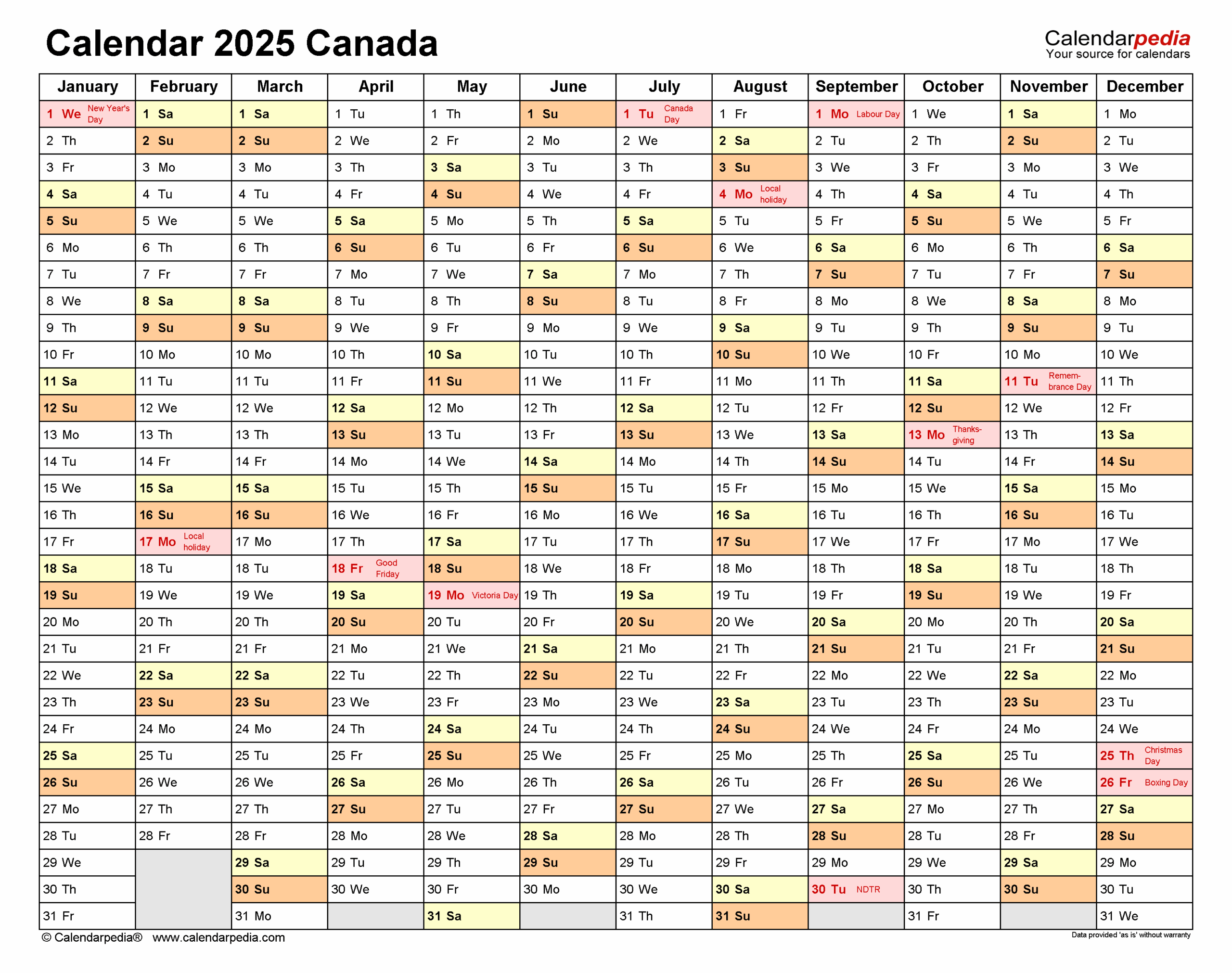 Canada Calendar 2025 Free Printable PDF Templates