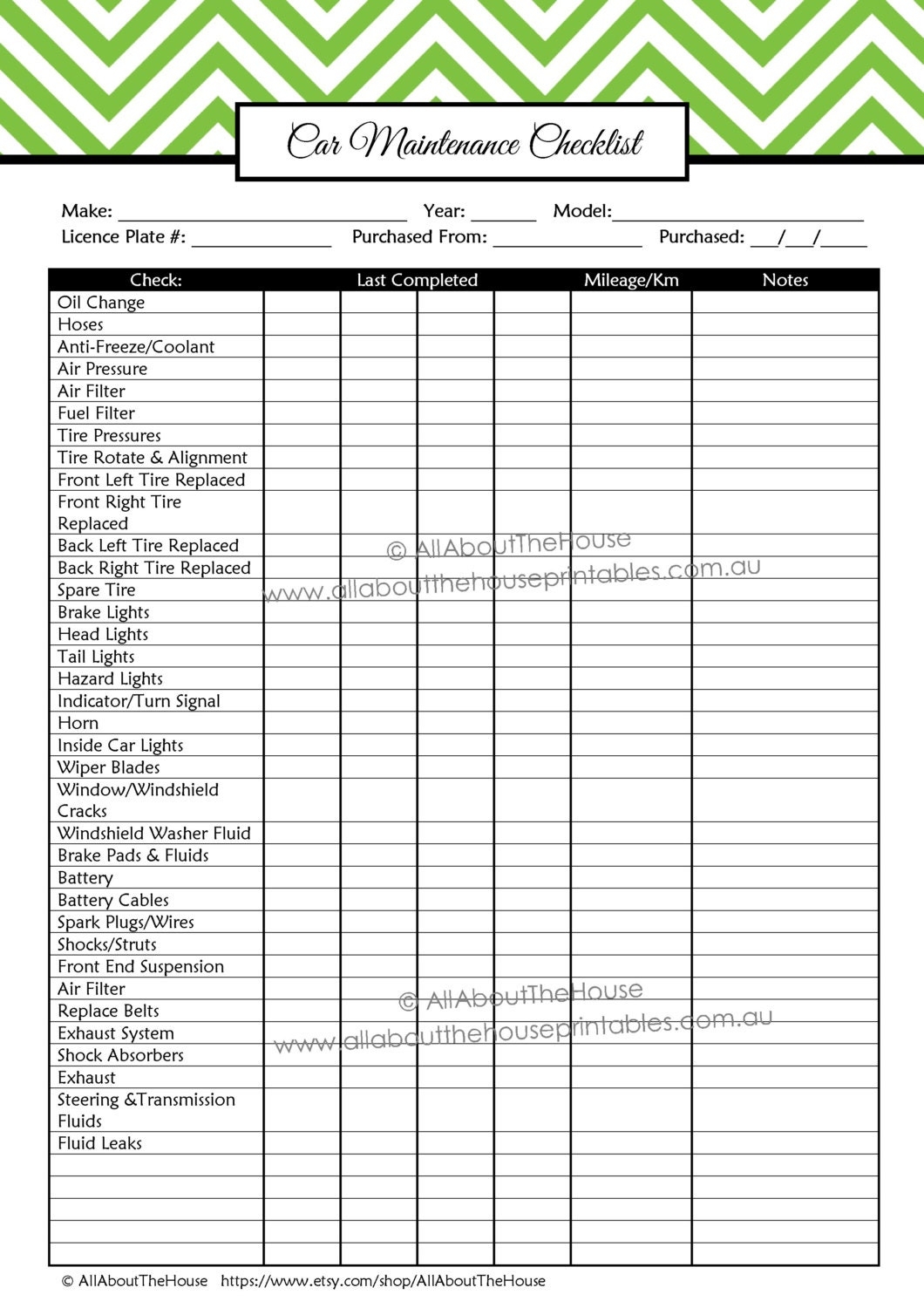 Car Maintenance Checklist Printable Planner Household Binder Home
