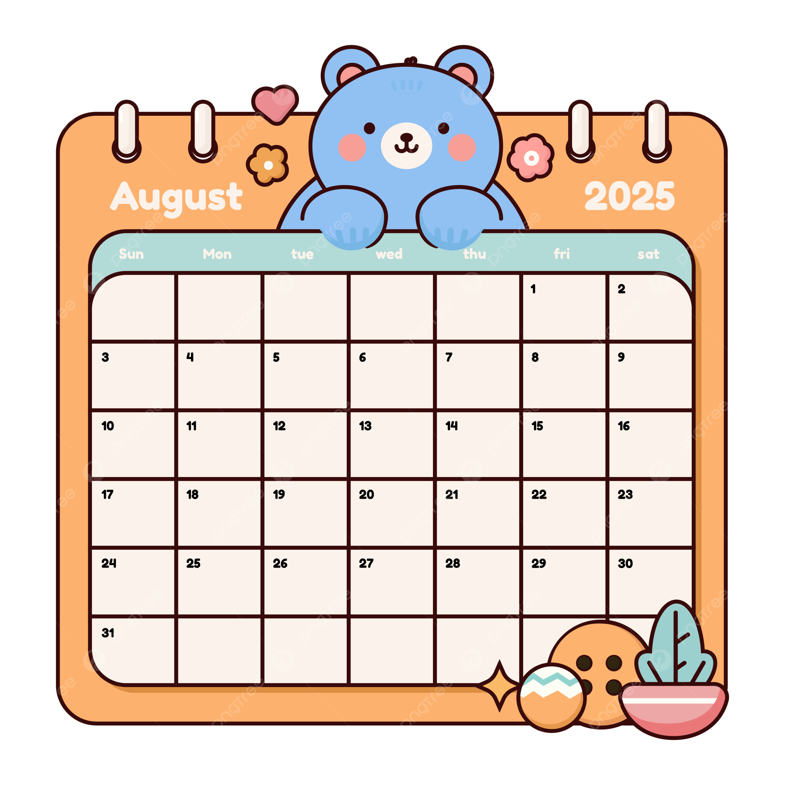 Cute August 2025 Calendar Page With A Bear Vector August 2025 Calendar PNG And Vector With Transparent Background For Free Download