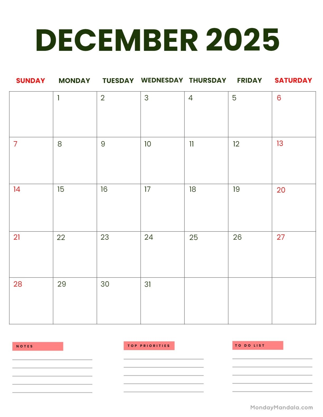 December 2025 Calendar 52 Free PDF Printables 