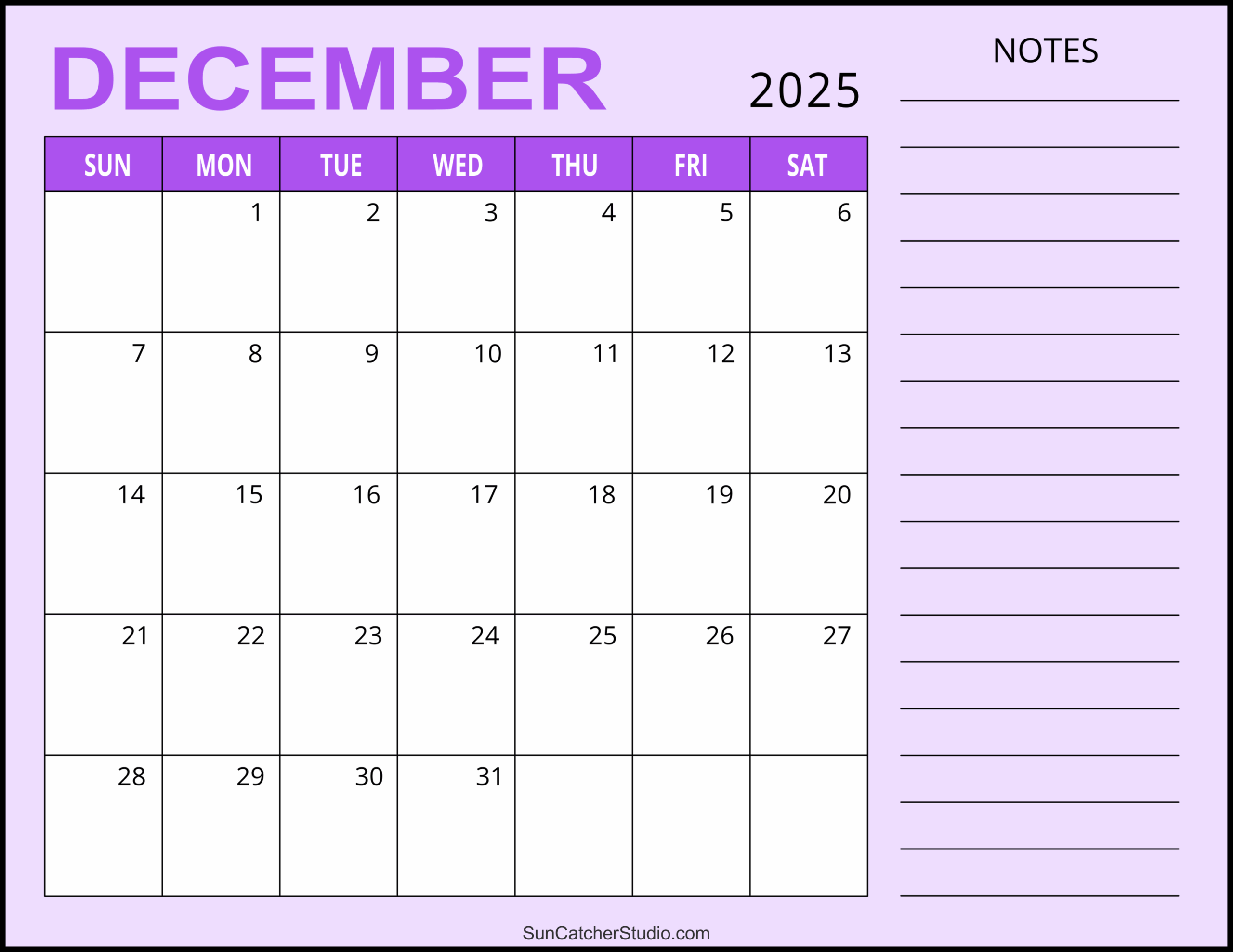 Blank December 2025 Calendar Word