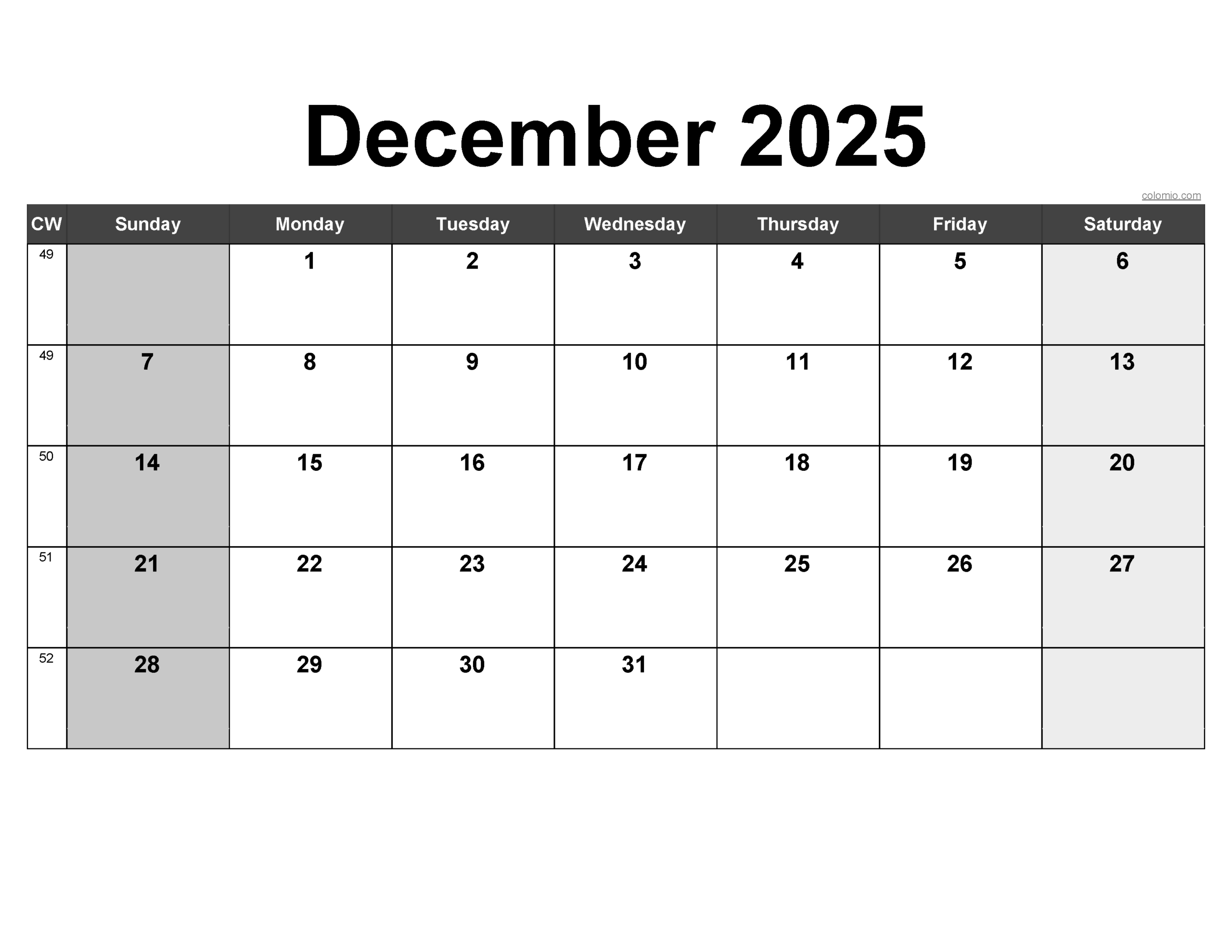 Weekly December 2025 Calendar