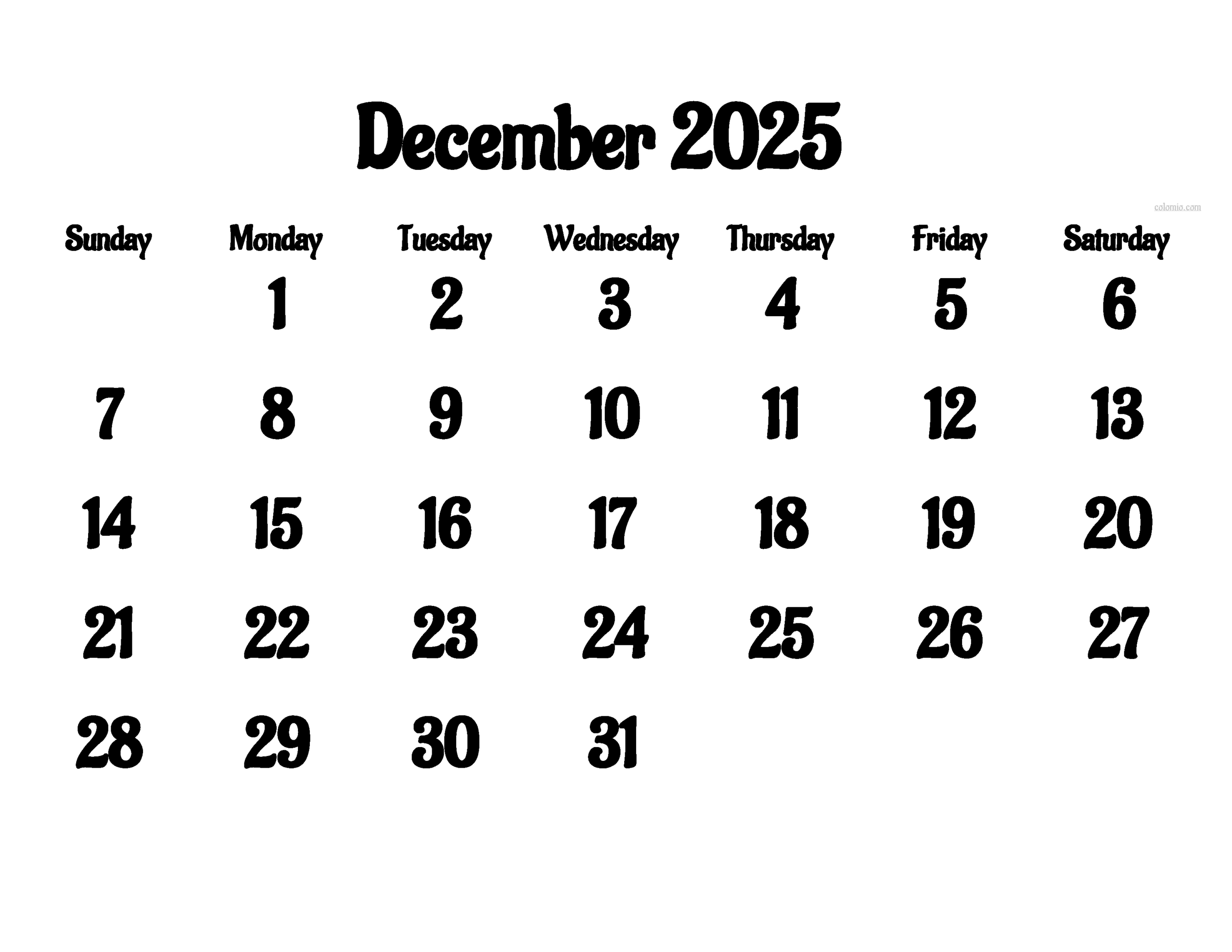 Calendar 2025 December Photo