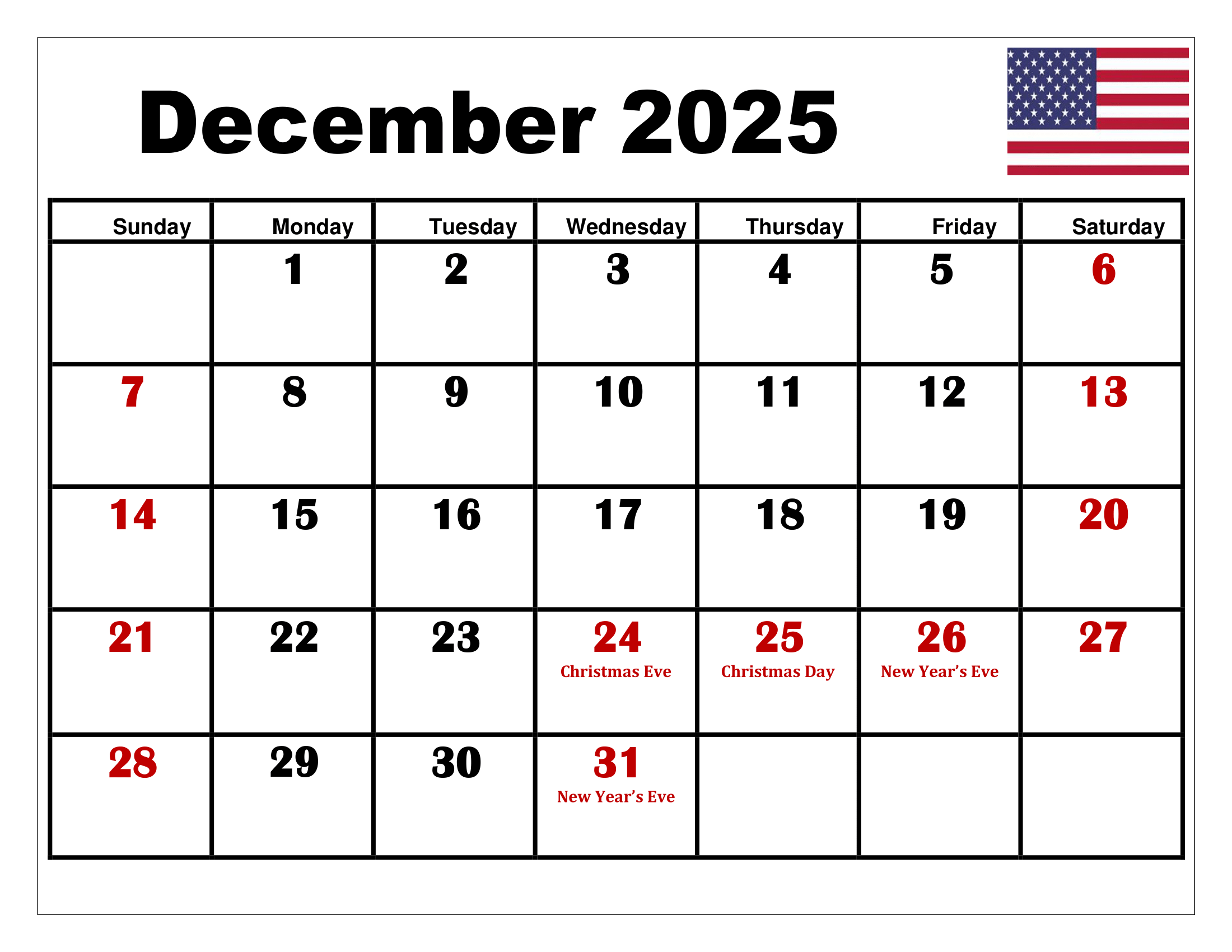 December 2025 Calendar Printable PDF Template With Holidays