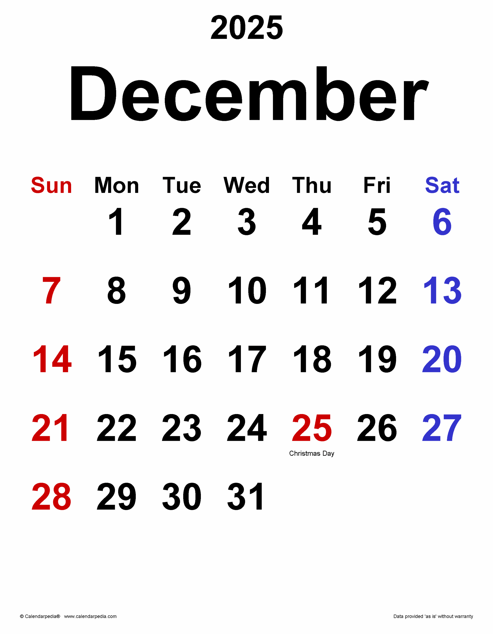 Word Calendar Template December 2025
