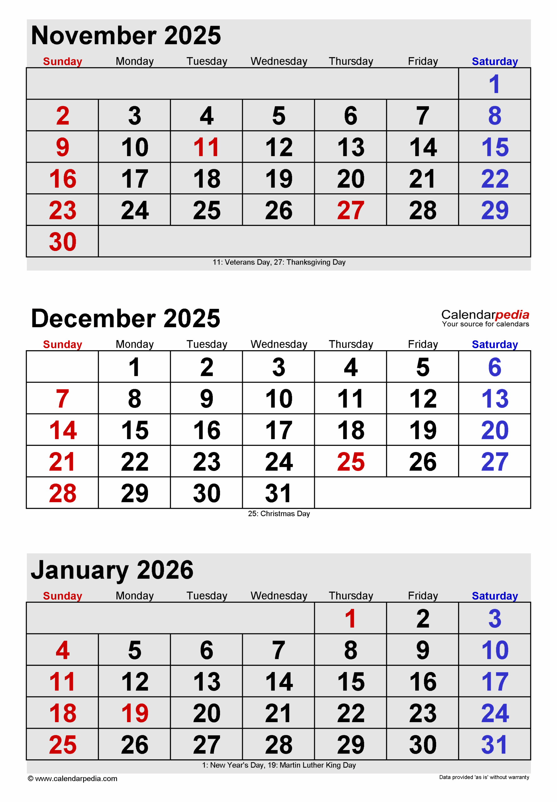 November And December 2025 Calendar Excel
