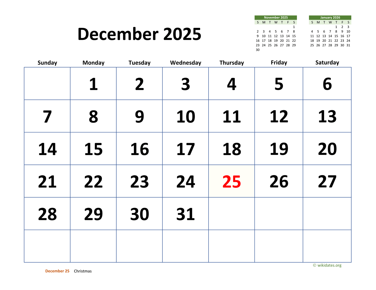 December 2025 Calendar With Extra large Dates WikiDates December 2025 Calendar With Extra large Dates WikiDates