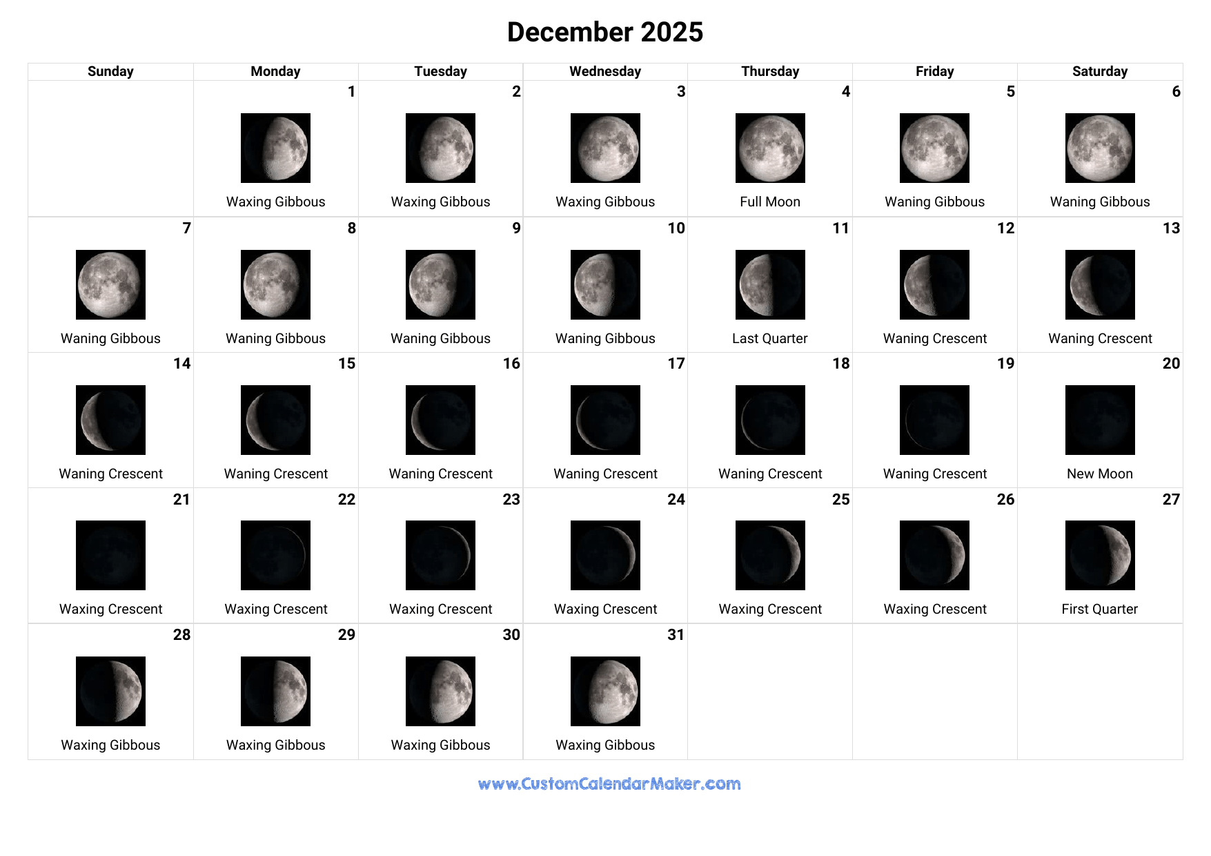 December 2025 Moon Phases Calendar Custom Calendar Maker December 2025 Moon Phases Calendar Custom Calendar Maker