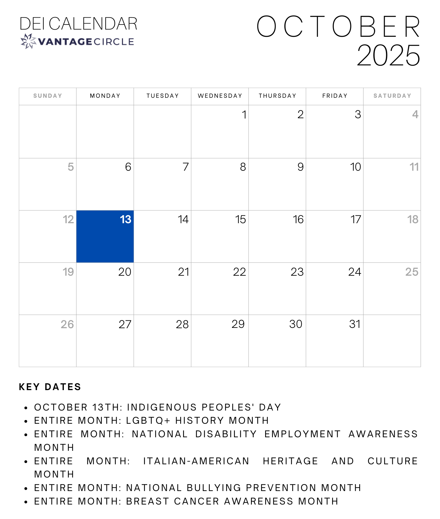 October 2025 Diversity Calendar