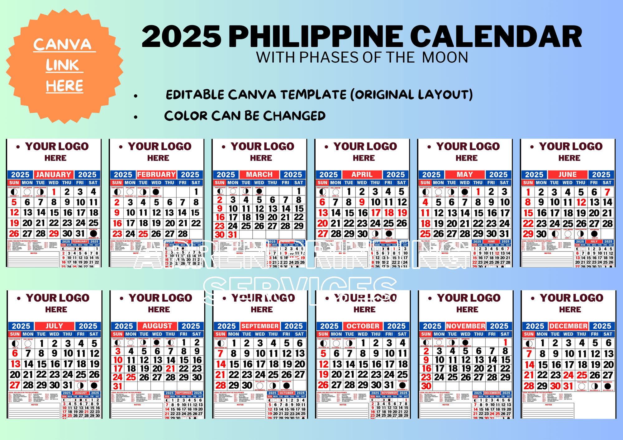 EDITABLE 2025 PHILIPPINE CALENDAR TEMPLATE with And Without Phases Of The Moon Holidays By Arrenprints Raket PH