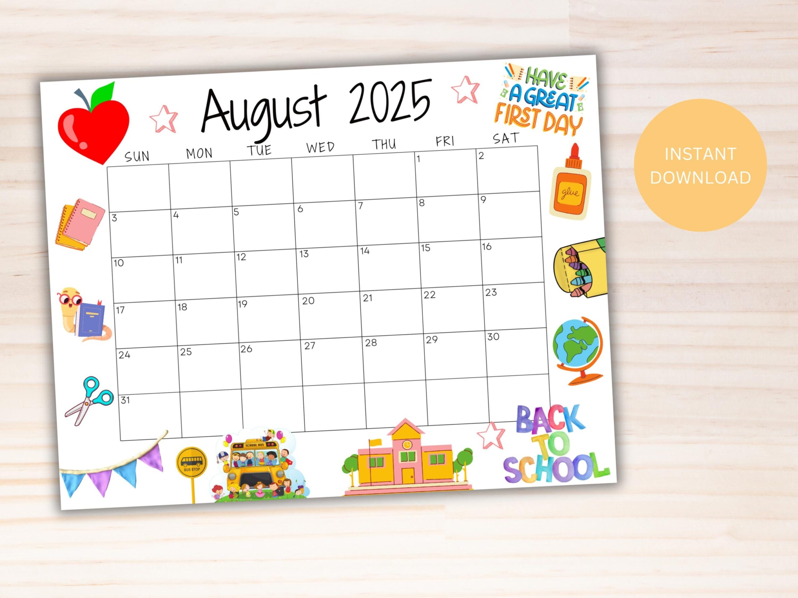 August Blank Calendar 2025 Back To School