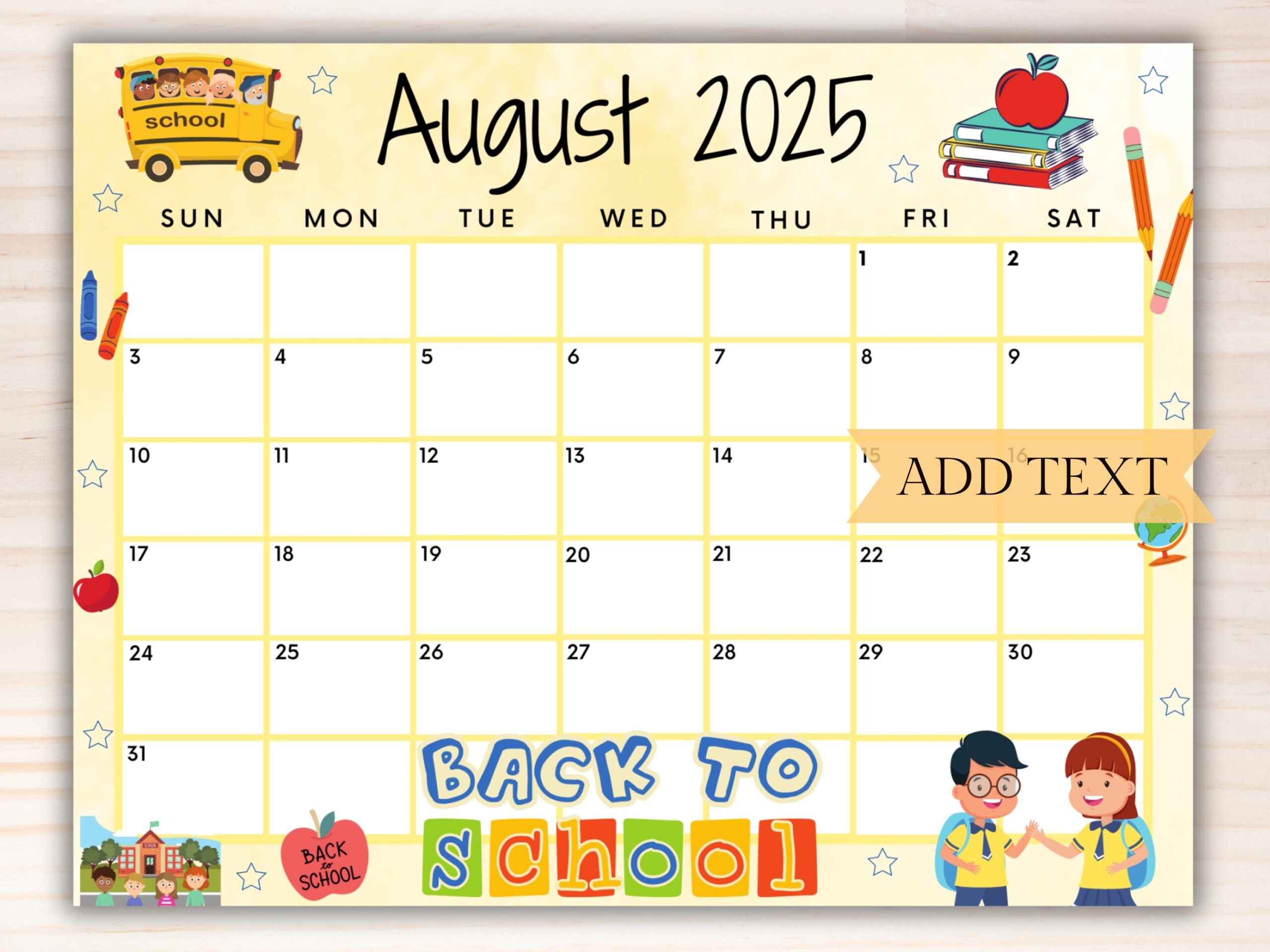EDITABLE August 2025 Calendar Printable Calendar 2025 Back To School Calendar Kids Classroom Calendar Yellow School Calendar Etsy