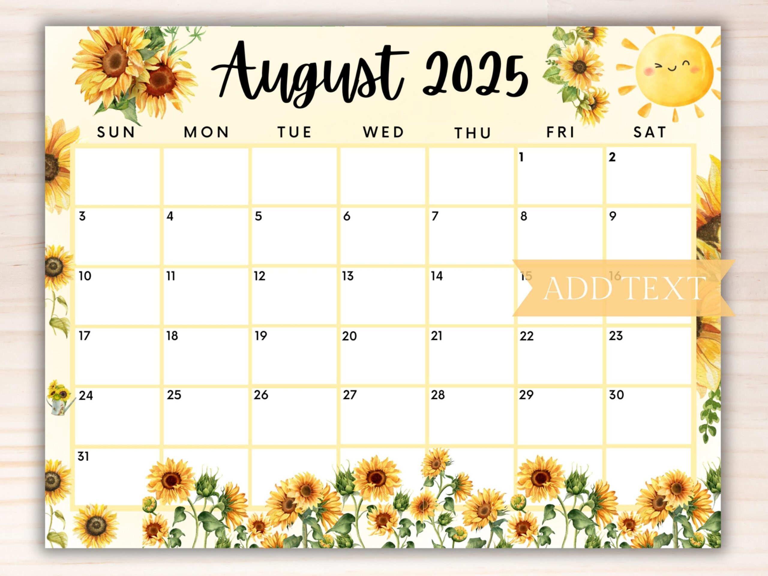 EDITABLE August 2025 Calendar Printable Calendar 2025 Sunflowers 