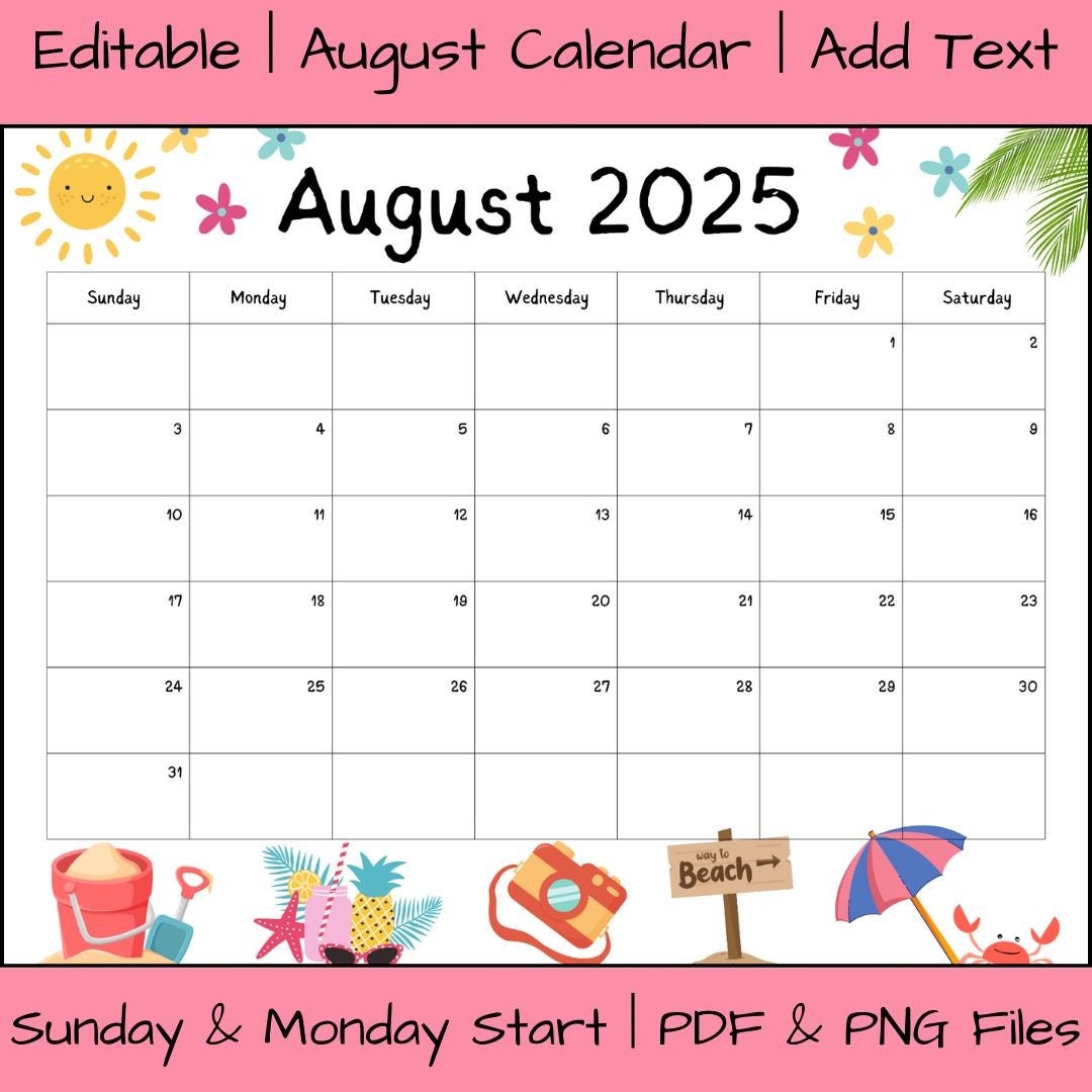 Editable August 2025 Calendar Printable Fillable Digital Download Wall Organizer Cute Beach Theme School Activity Work Planner Etsy