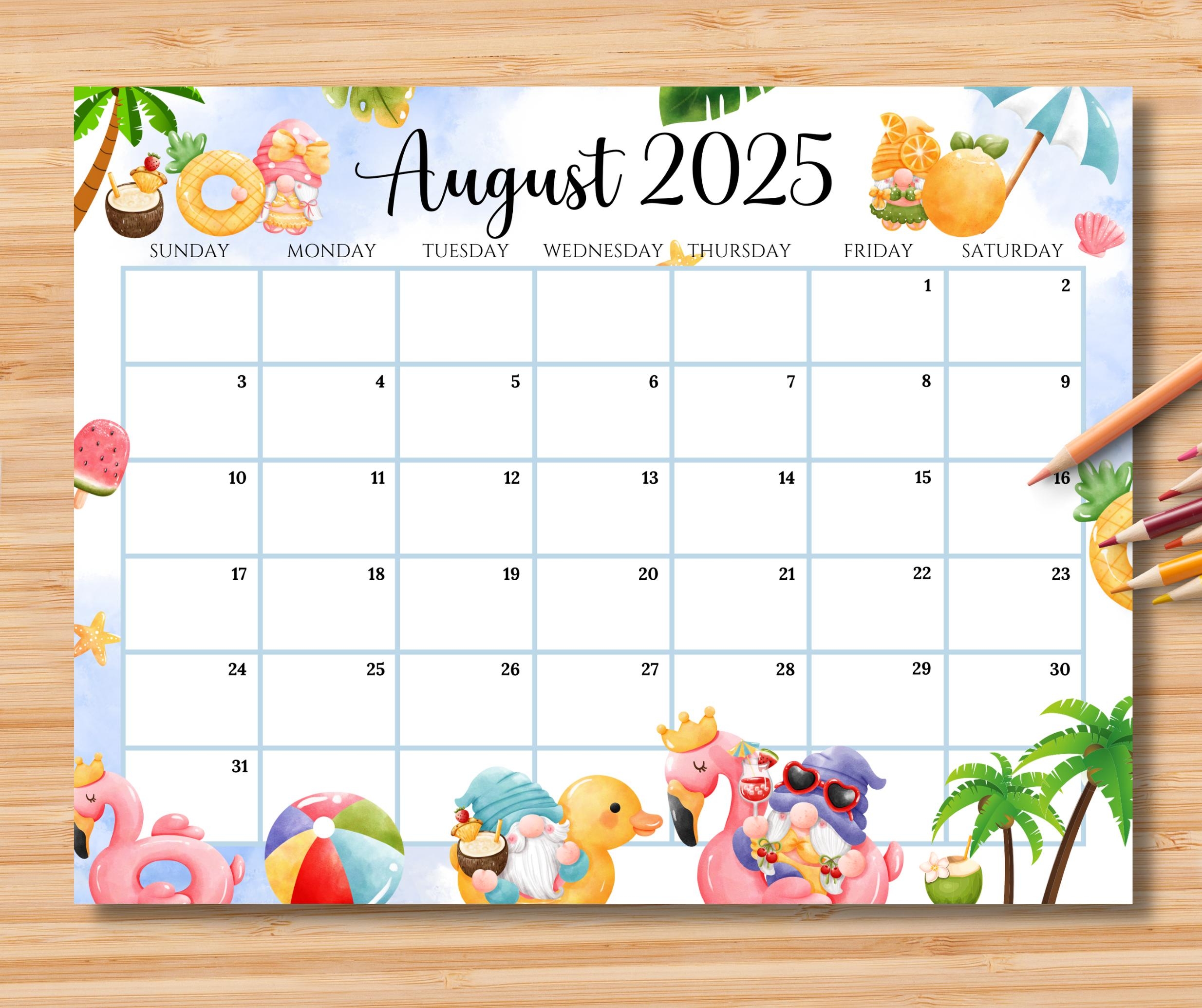EDITABLE August 2025 Calendar Relaxing Summer At The Beach With Cute Gnomes Printable Fillable Planner For Home U0026 Work Instant Download Etsy