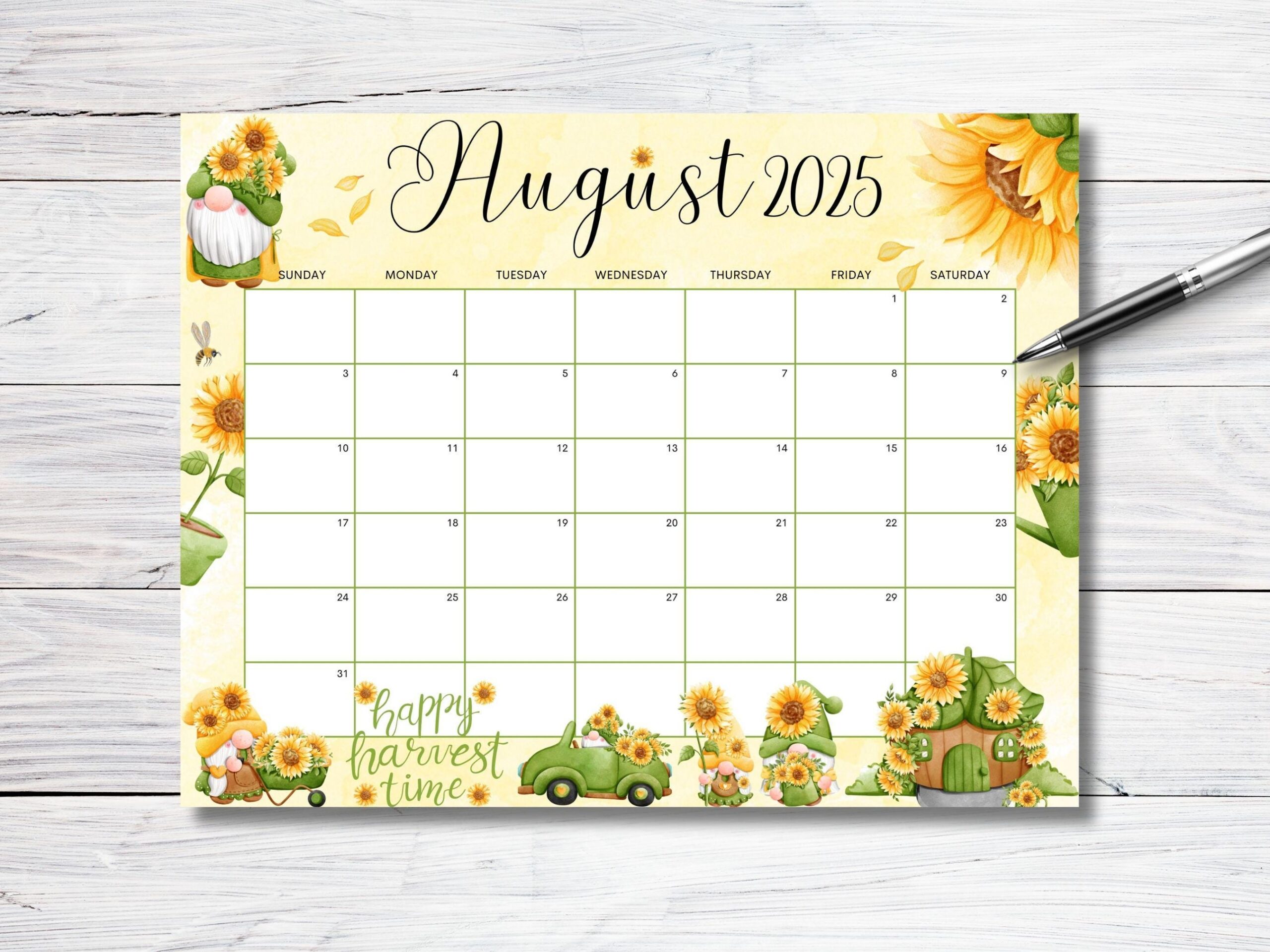 EDITABLE August 2025 Calendar Sunflower Gnome Garden Planner EDITABLE August 2025 Calendar Sunflower Gnome Garden Planner