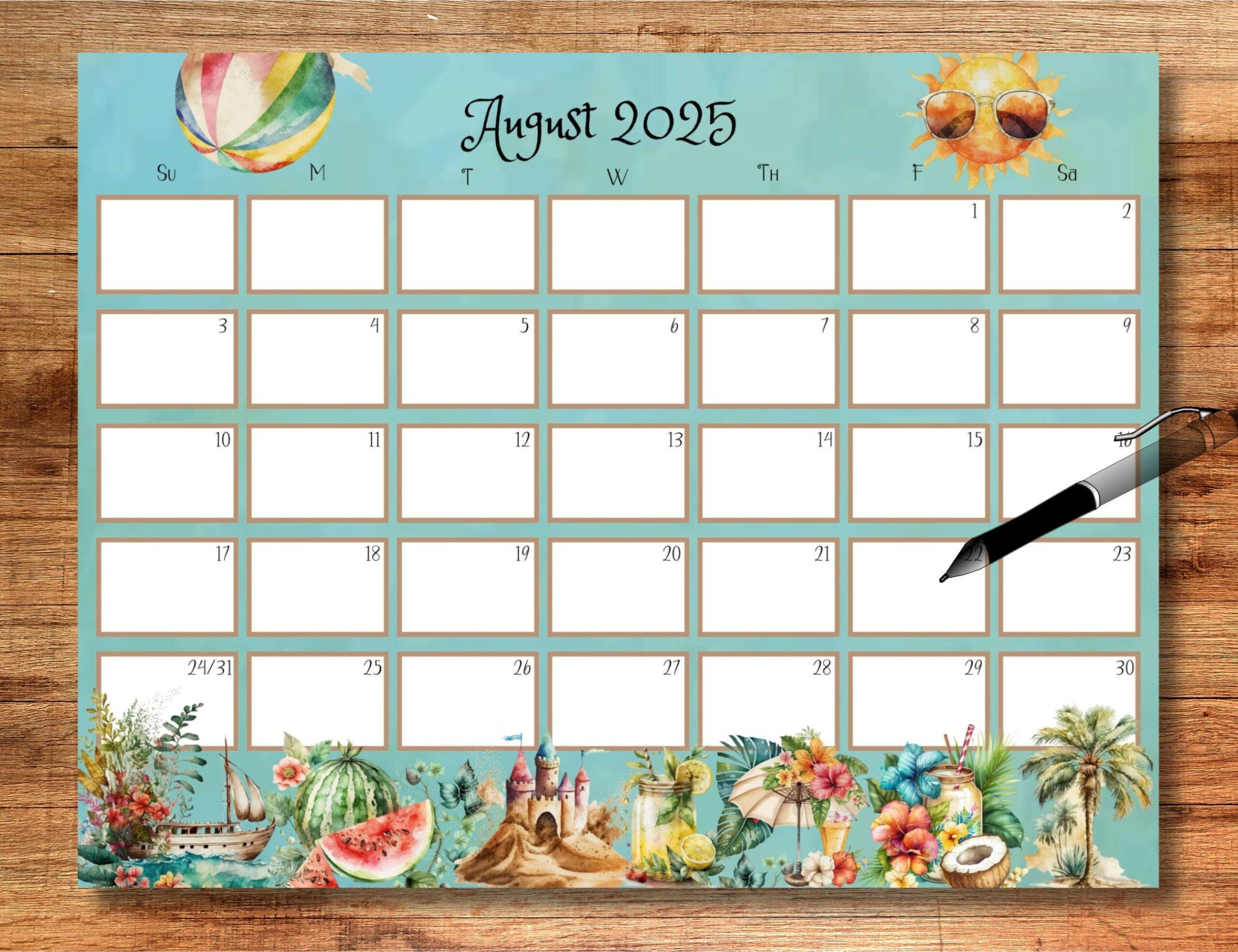 EDITABLE August 2025 Calendar Whimsical Calendar 2025 August