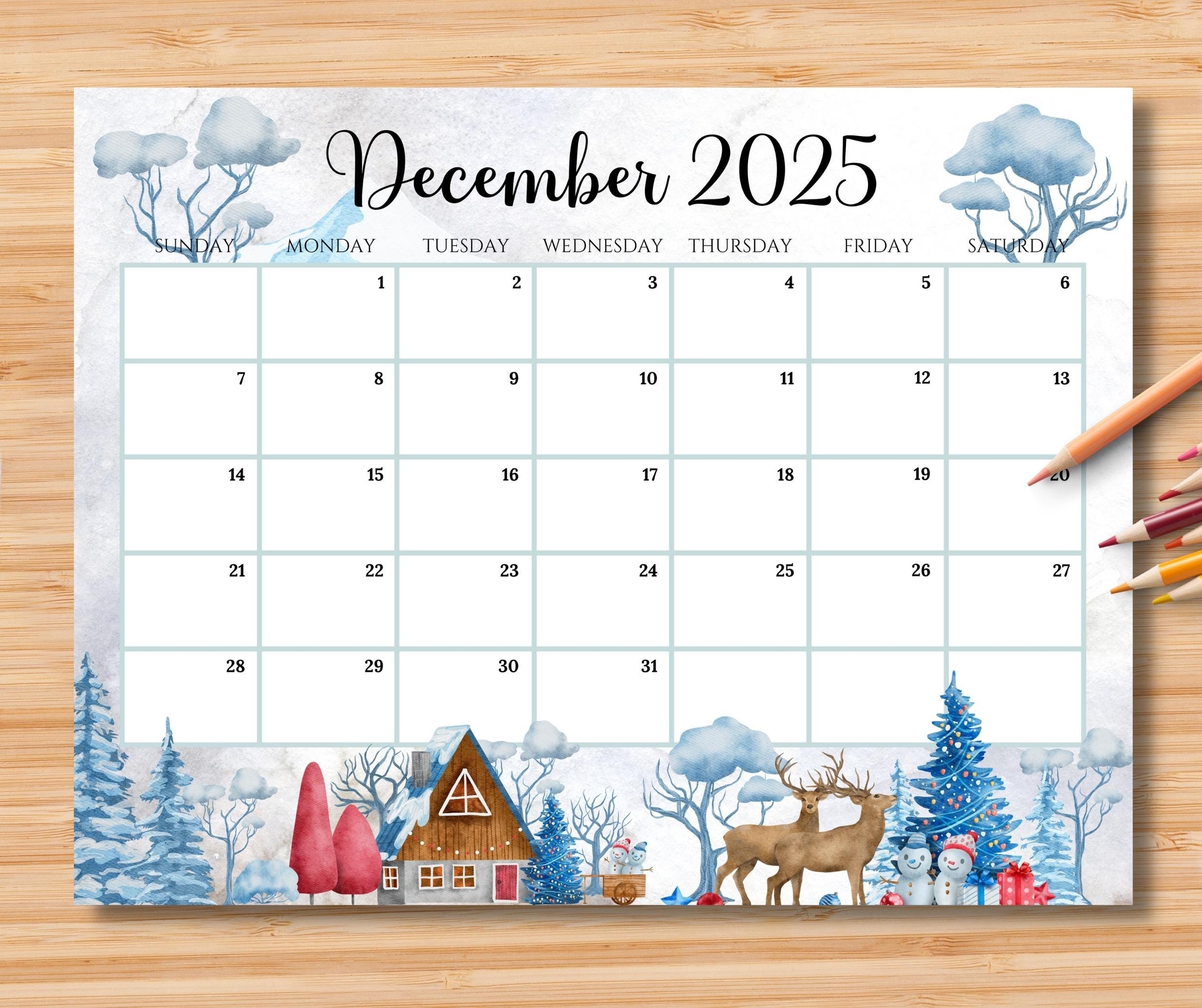 EDITABLE December 2025 Calendar Beautiful Winter In A Highland 