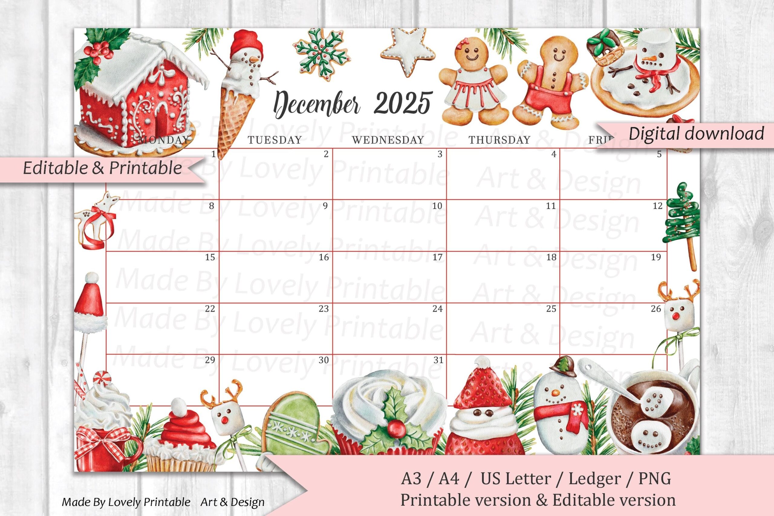 EDITABLE December 2025 Calendar Christmas Sweets U0026 Drinks mon 
