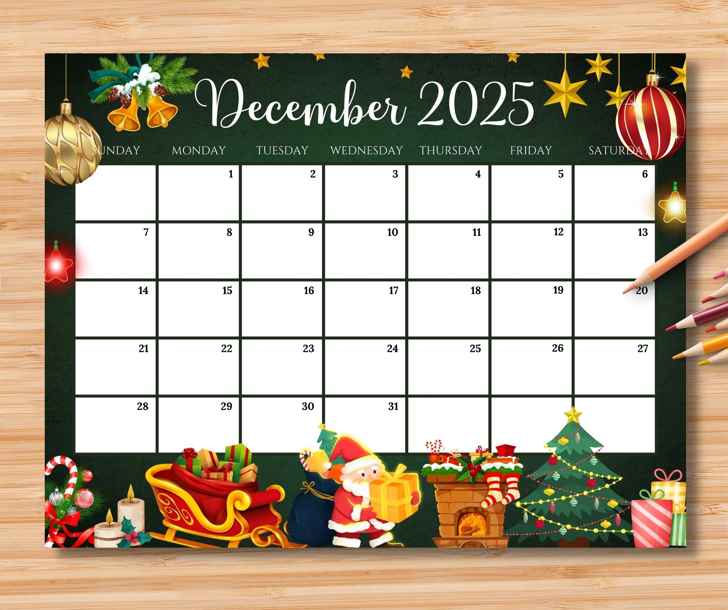 EDITABLE December 2025 Calendar Gorgeous Christmas W Santa Claus 