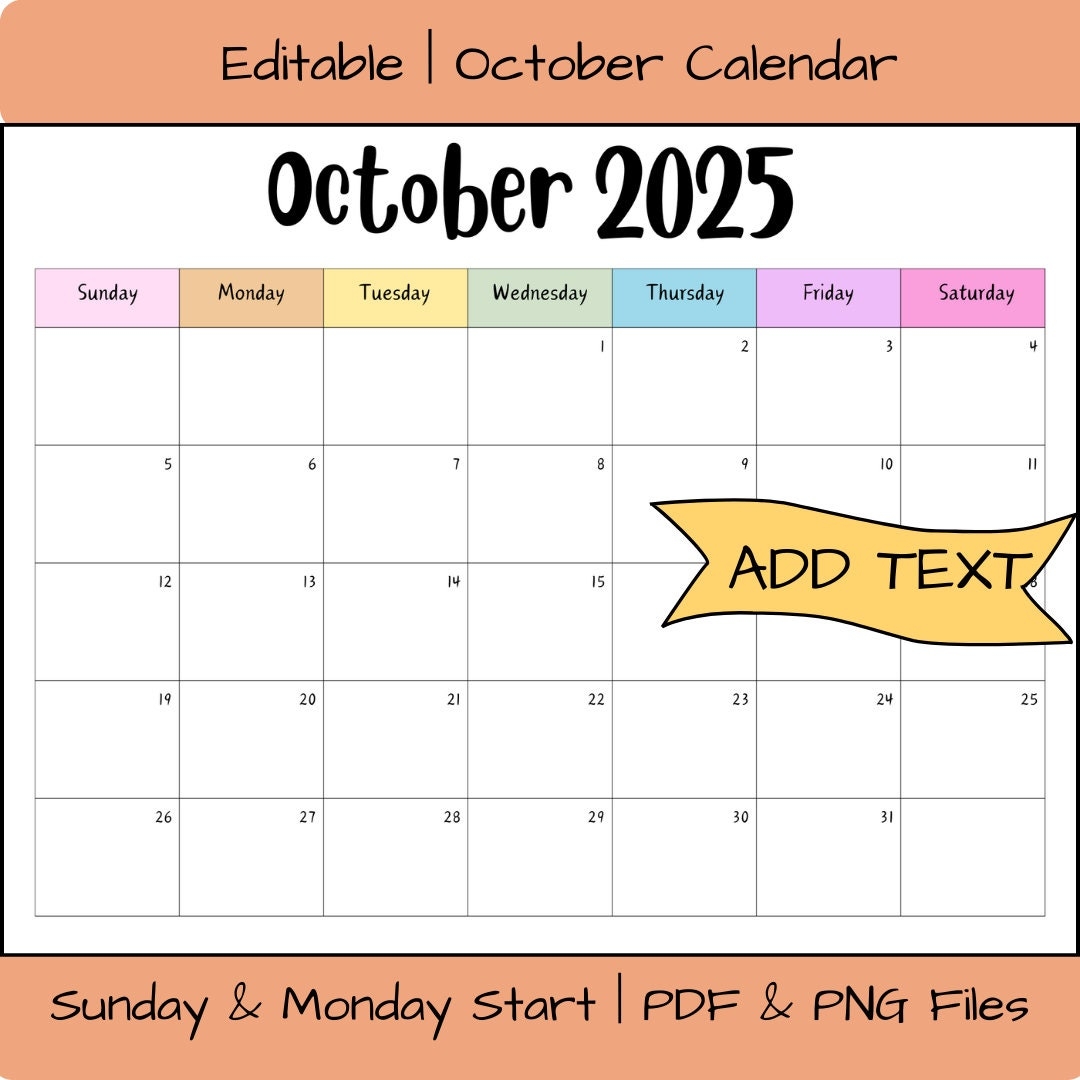 Editable October 2025 Calendar Printable Digital Download Wall Editable October 2025 Calendar Printable Digital Download Wall