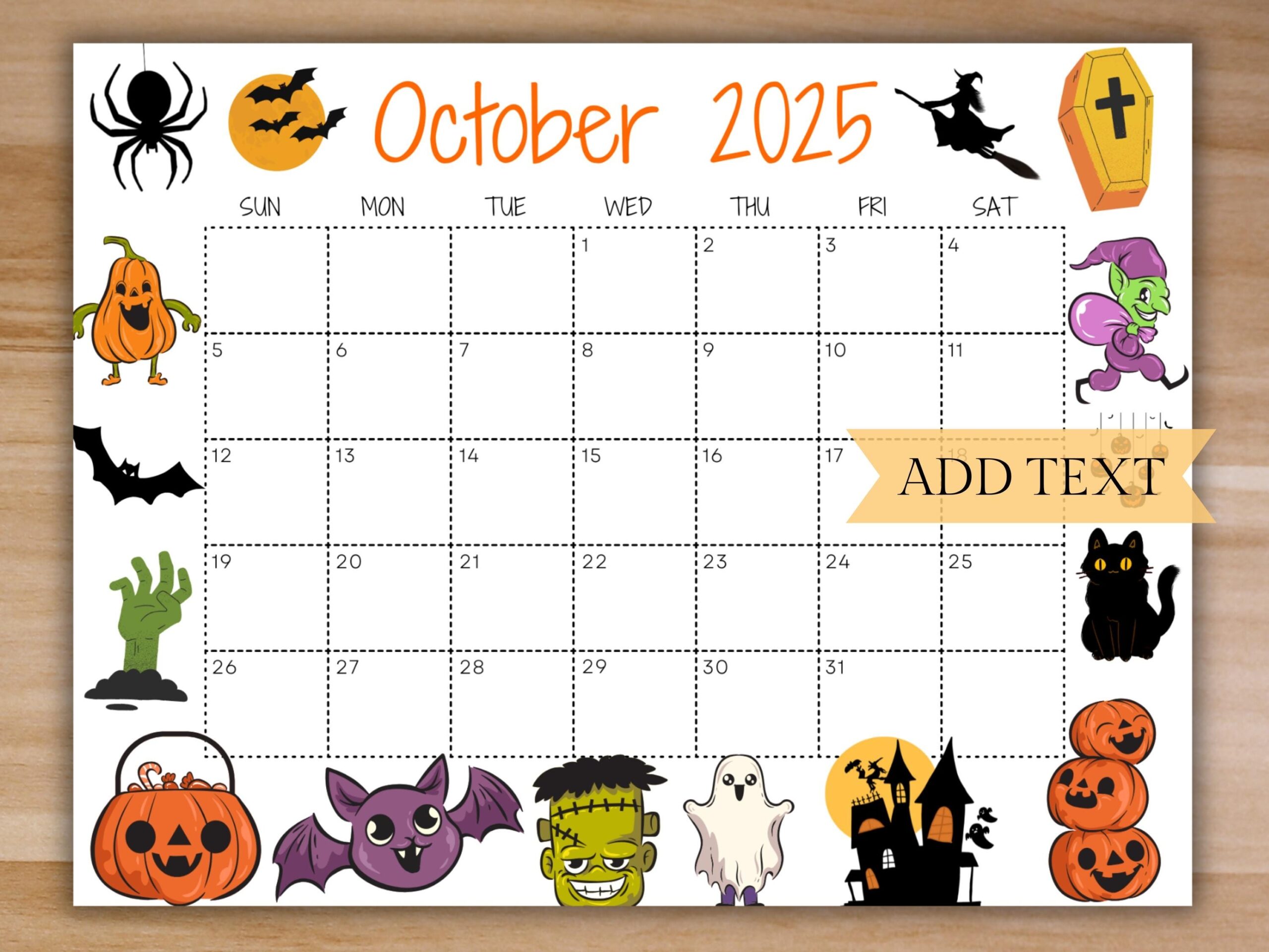 Editable October 2025 Calendar Printable Spooky Halloween 