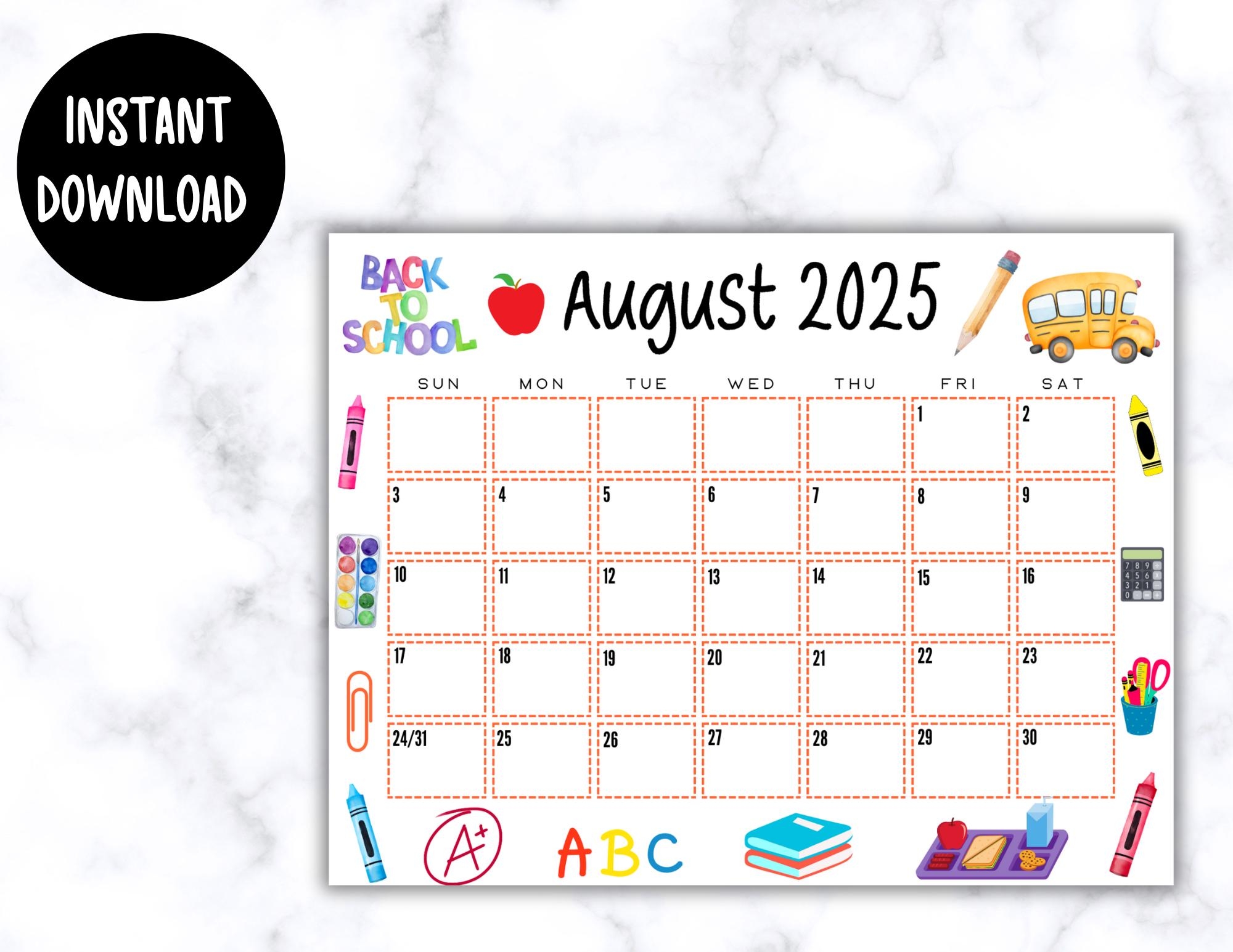 EDITABLE Printable August Calendar 2025 Back To School Calendar Classroom Calendar Cute August 2025 Calendar Monthly Calendar Etsy