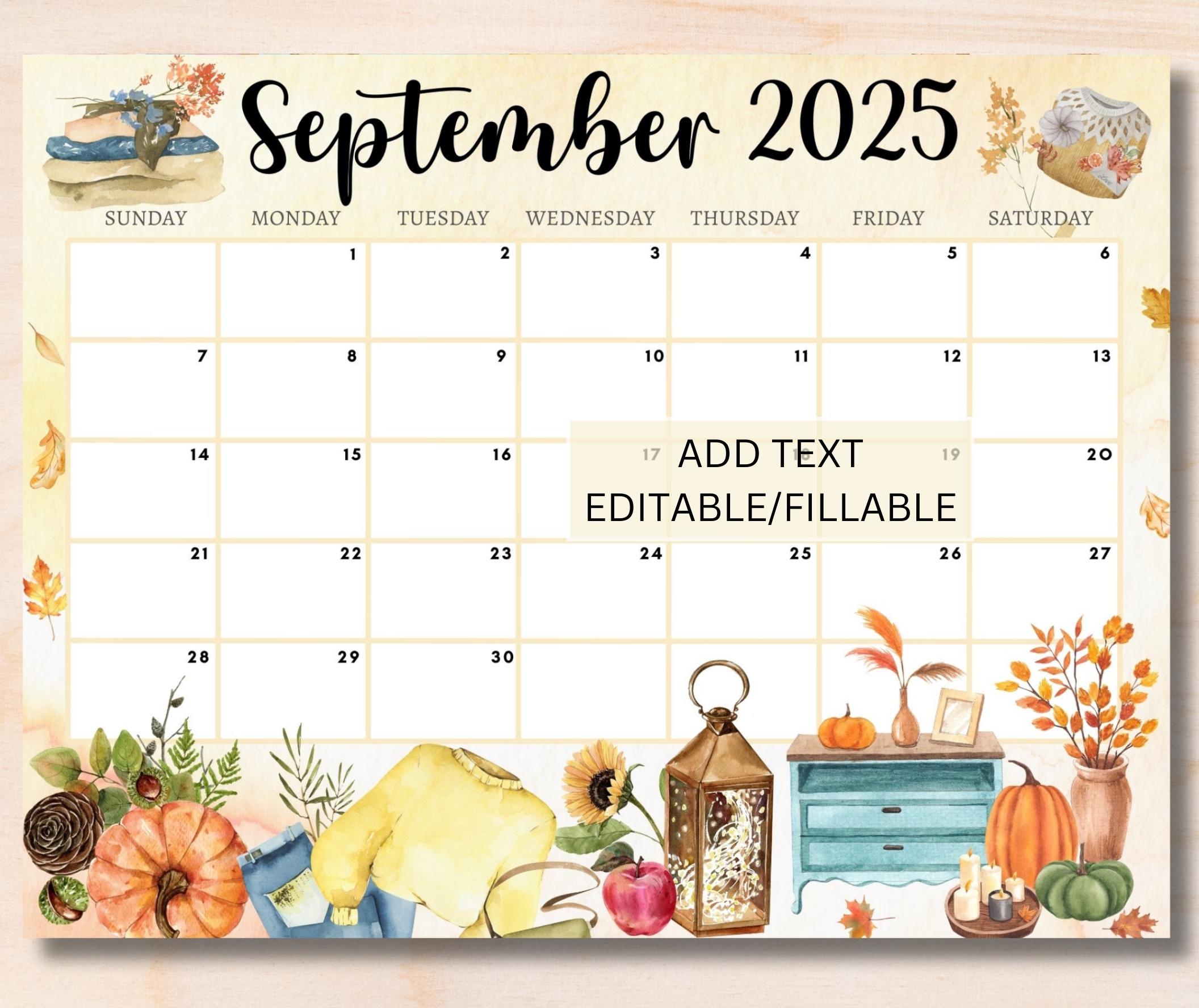 EDITABLE September 2025 Calendar Printable Calendar Beautiful Fall Autumn Sept Calendar Fillable Kids Classroom Calendar Family Calendar Etsy