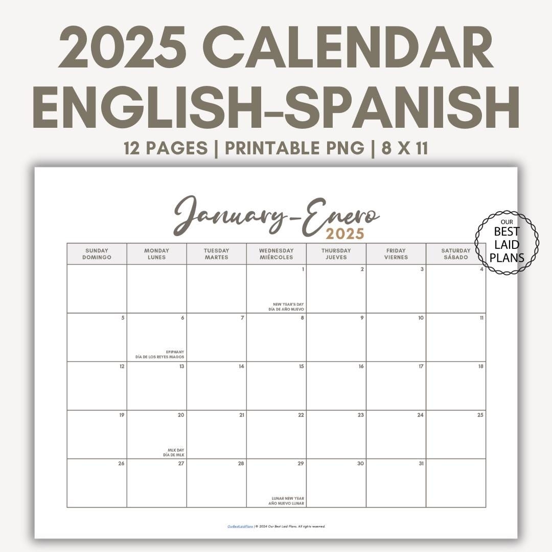 English Spanish Calendar For 2025 Printable PDF With Holidays Landscape Digital Download English Spanish 2025 Calendar Bilingual Calendar Etsy