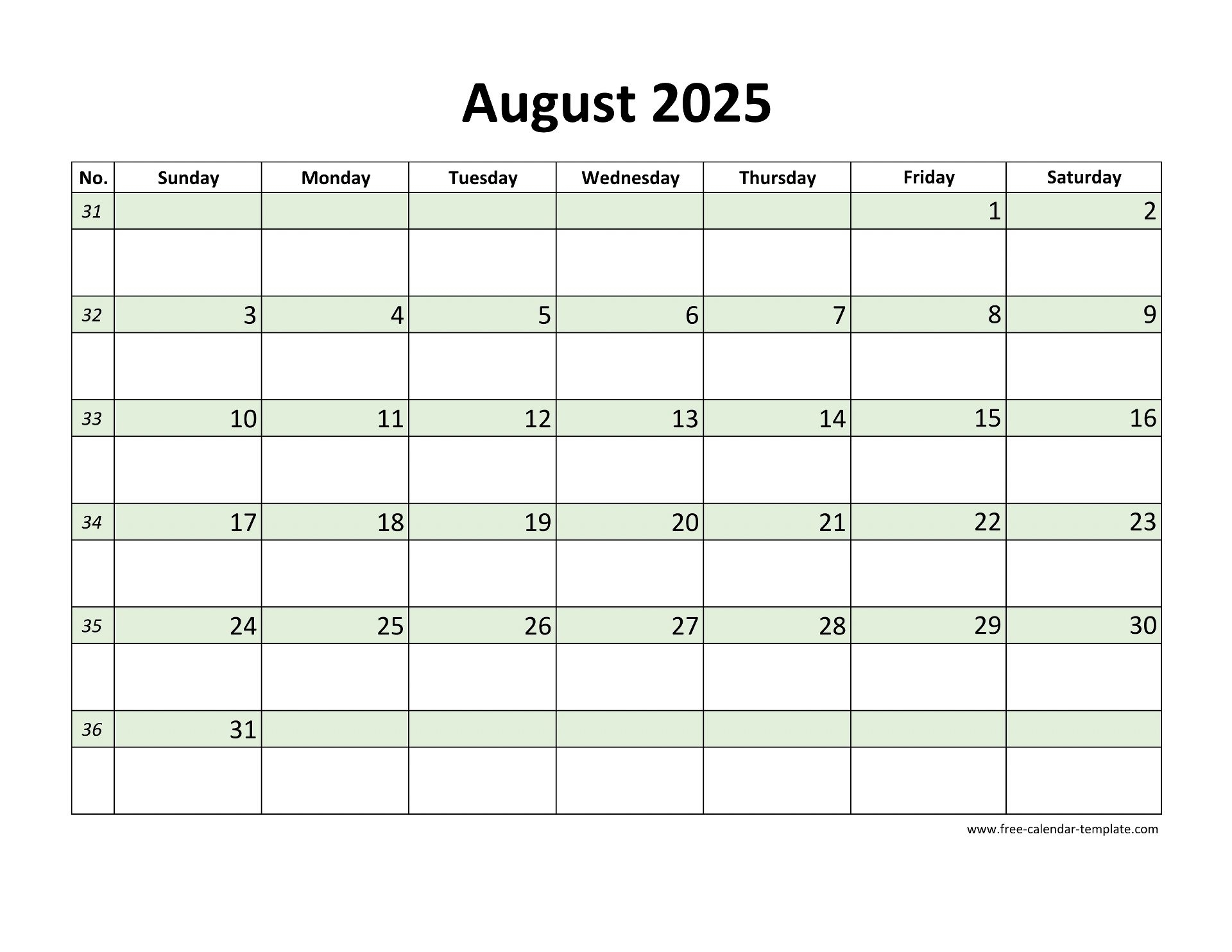 Free August 2025 Calendar Coloring On Each Day horizontal 