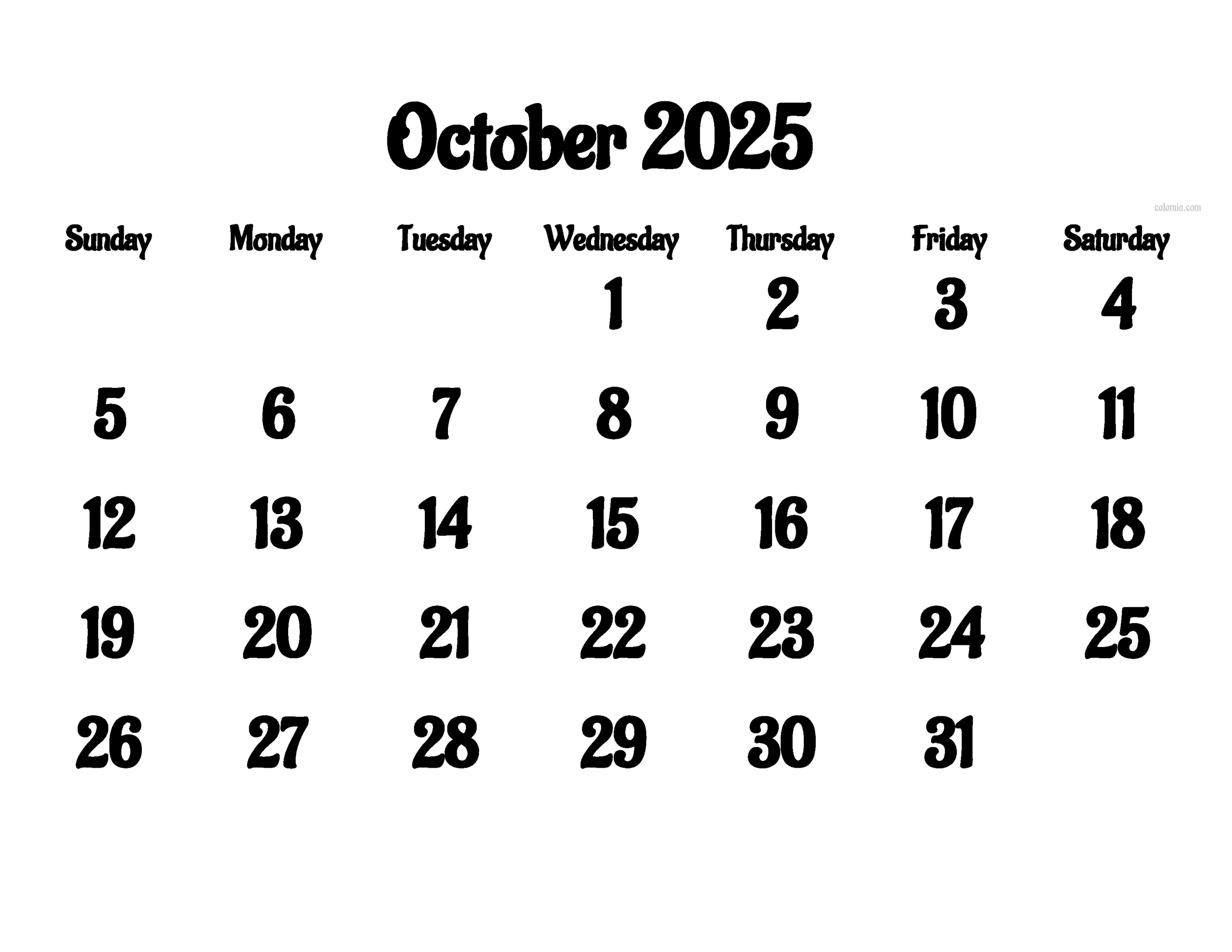 October Calendar 2025 Excel