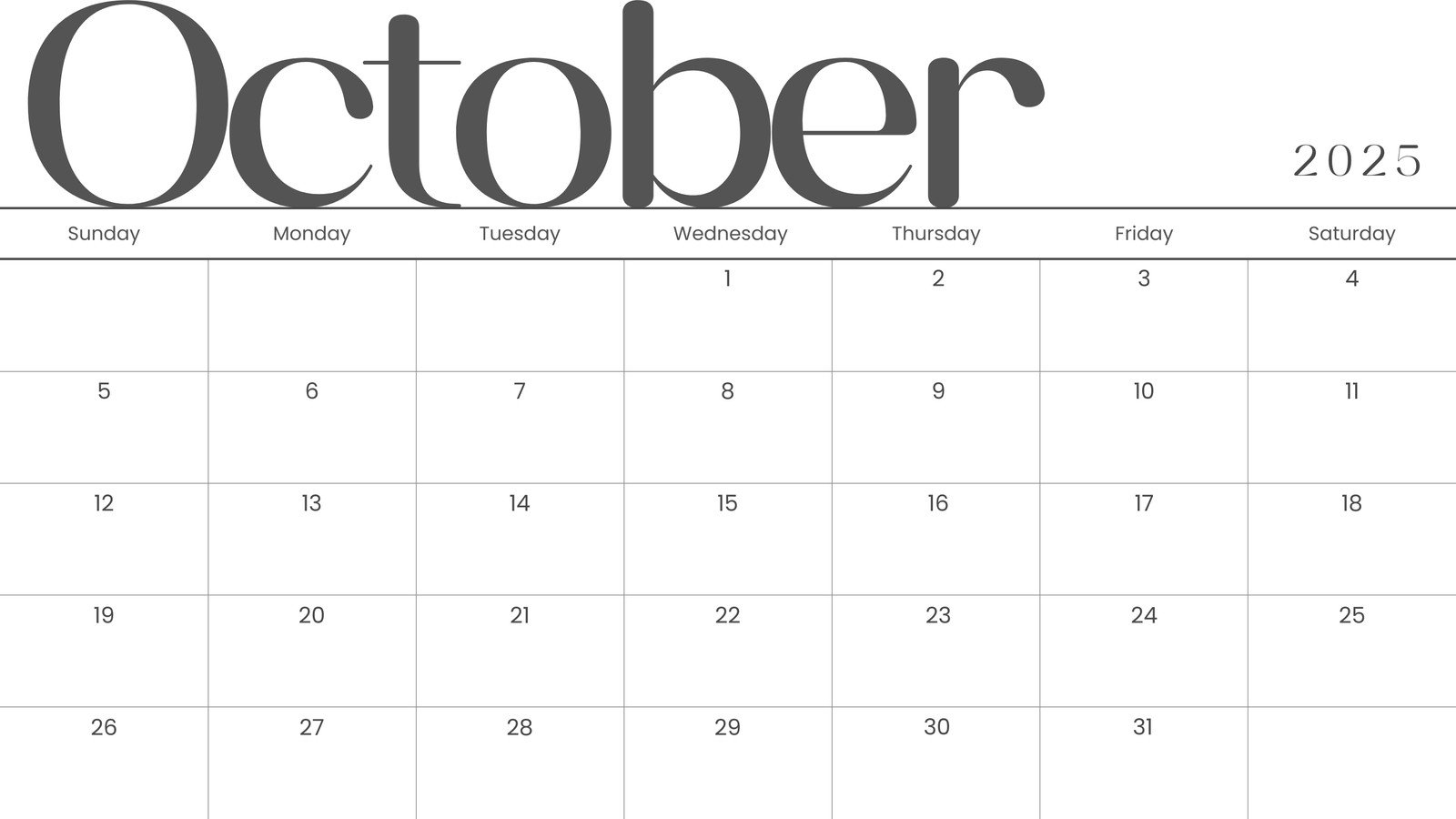 October 2025 Editable Calendar Word