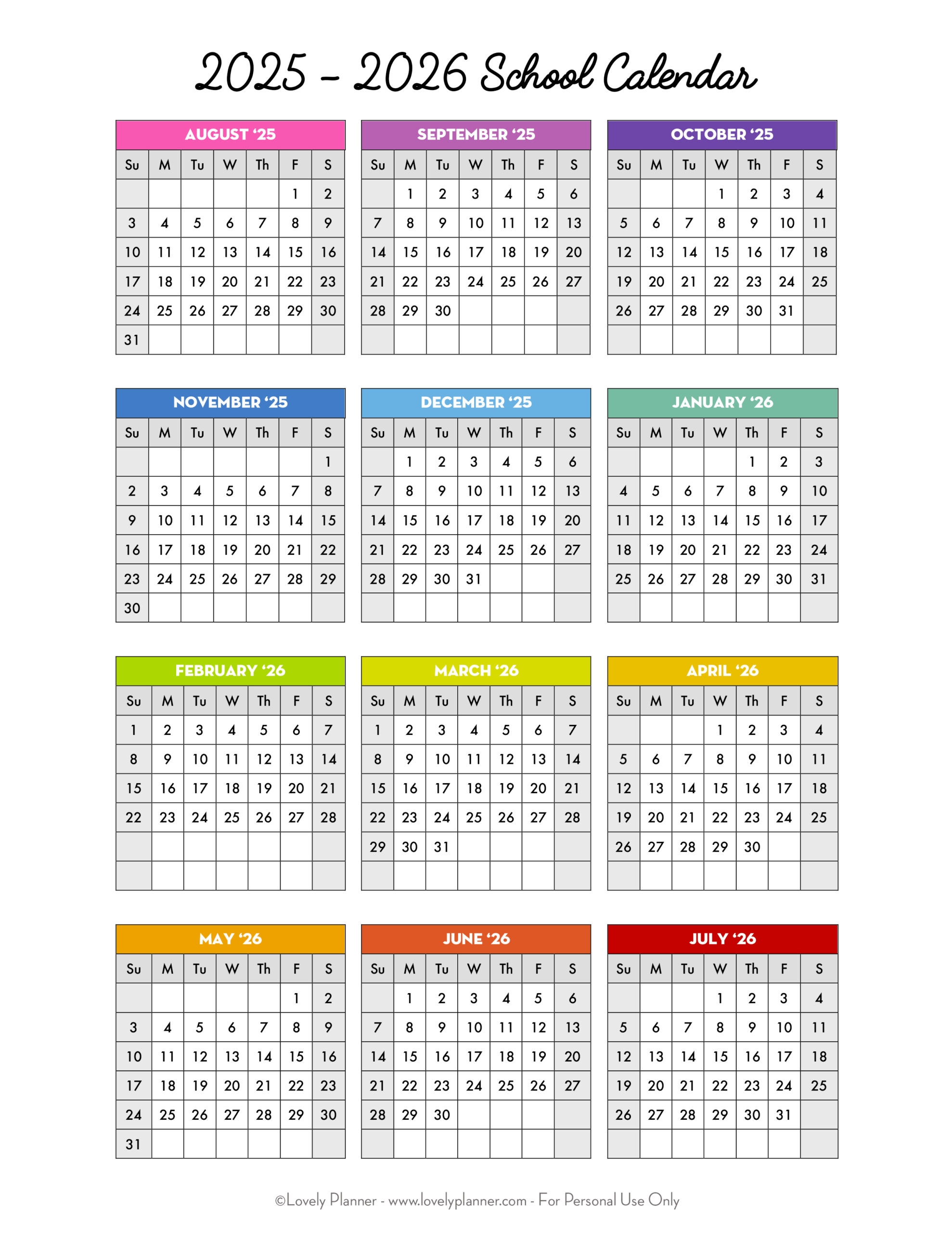 Free Printable 2025 2026 School Calendar One Page Academic Calendar Lovely Planner Free Printable 2025 2026 School Calendar One Page Academic Calendar Lovely Planner