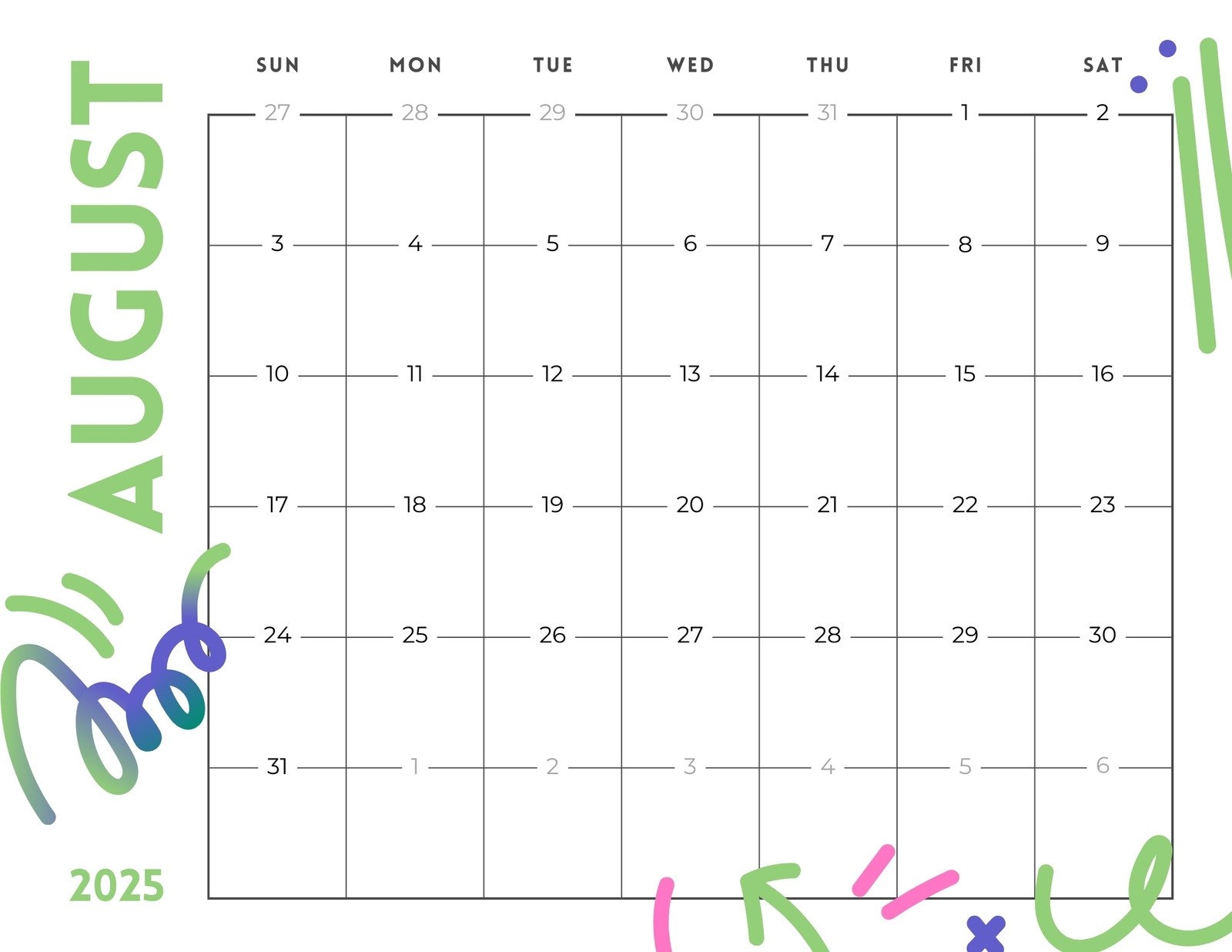 Free Printable August 2025 Calendar Templates Canva