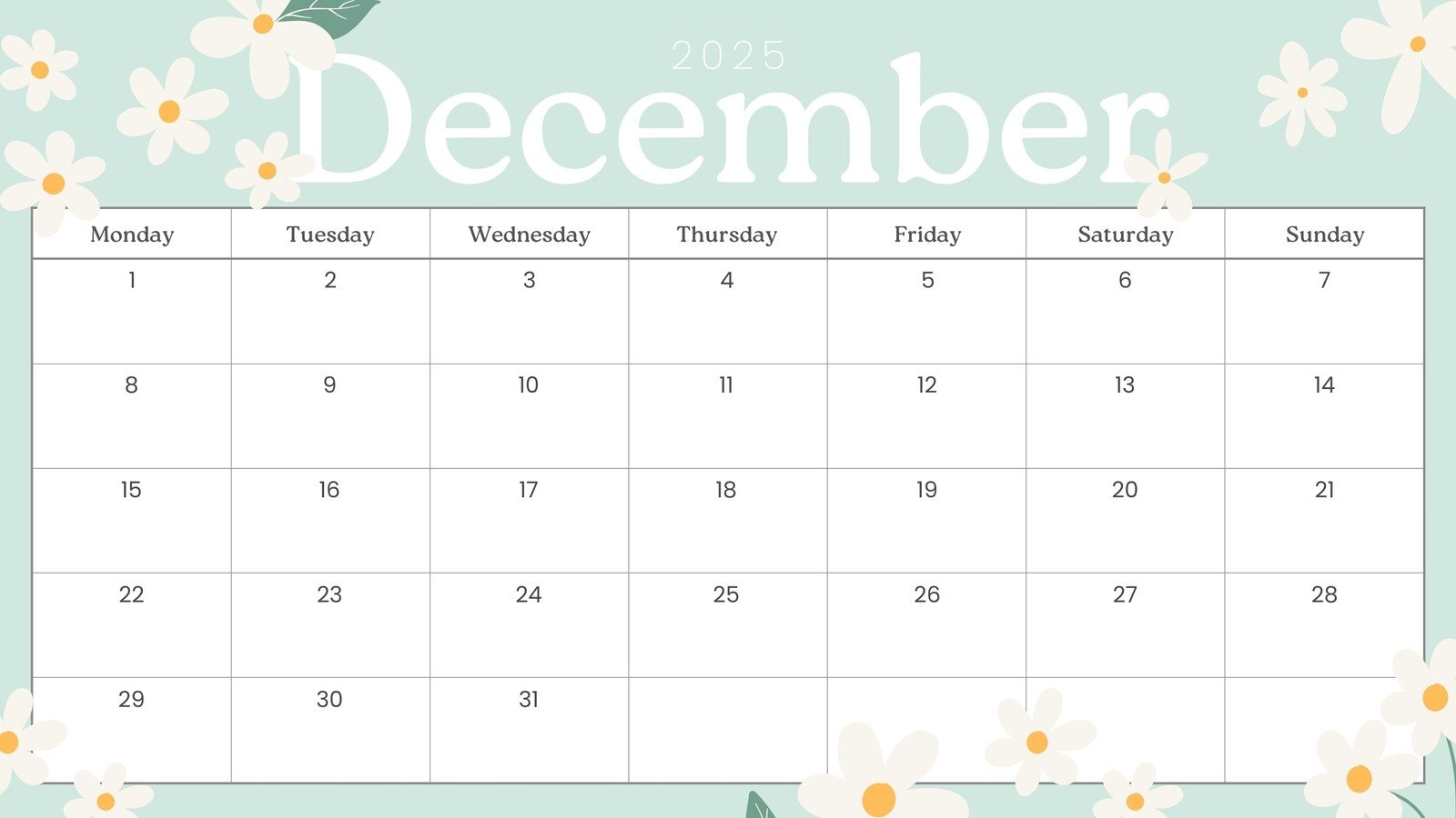 Blank Large Box 2025 December Calendar