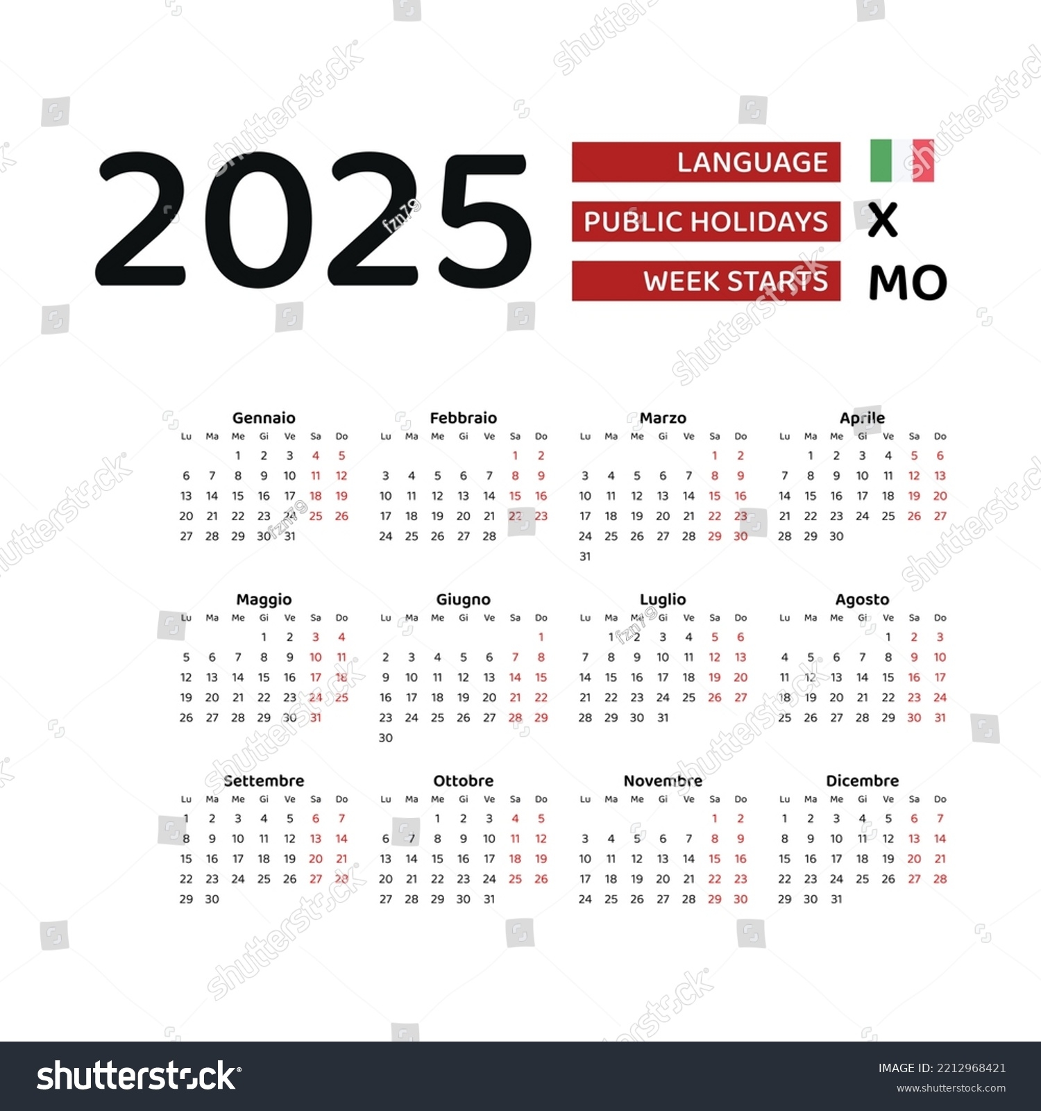 Italy Calendar 2025 Week Starts Monday Stock Vector Royalty Free 2212968421 Shutterstock
