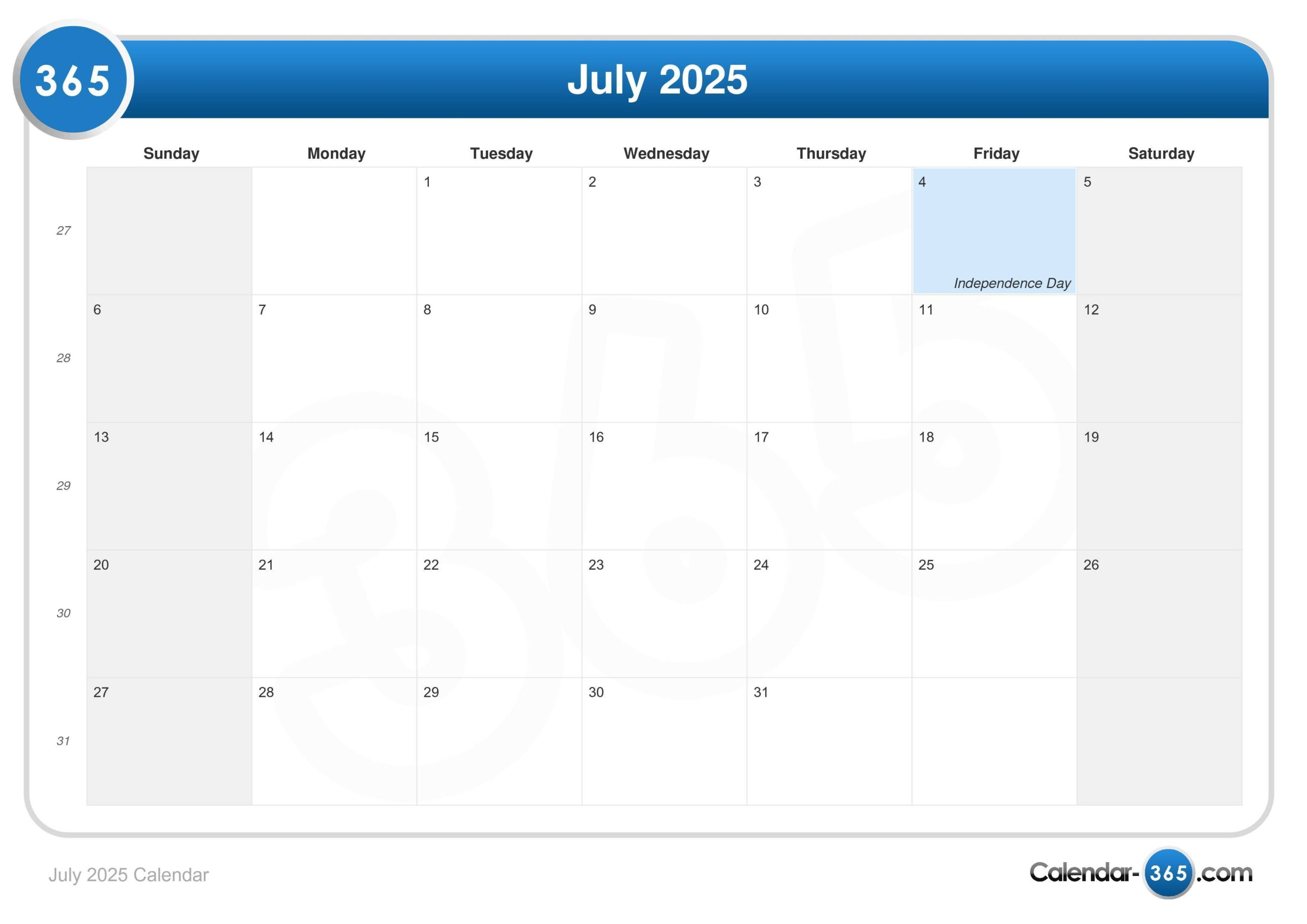 July 2025 Calendar