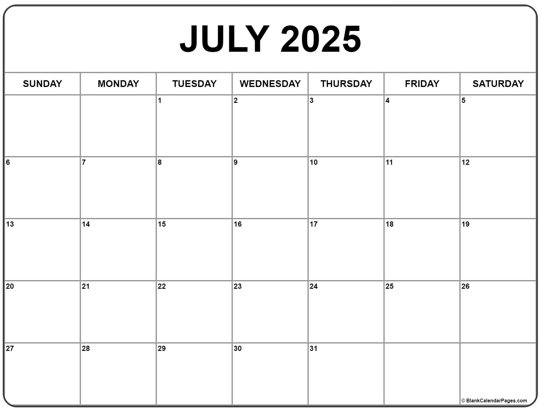 Simple July Calendar 2025