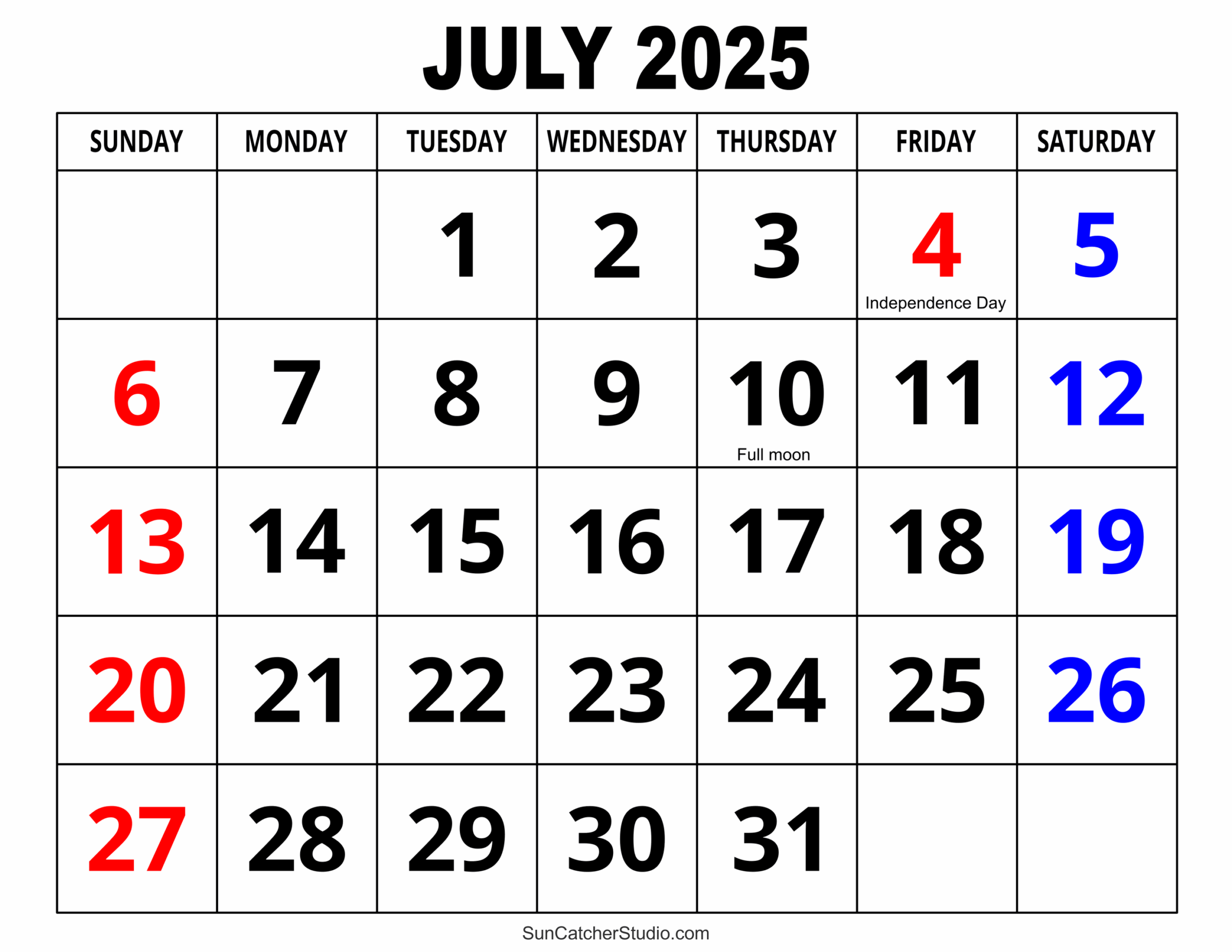 Small July 2025 Calendar