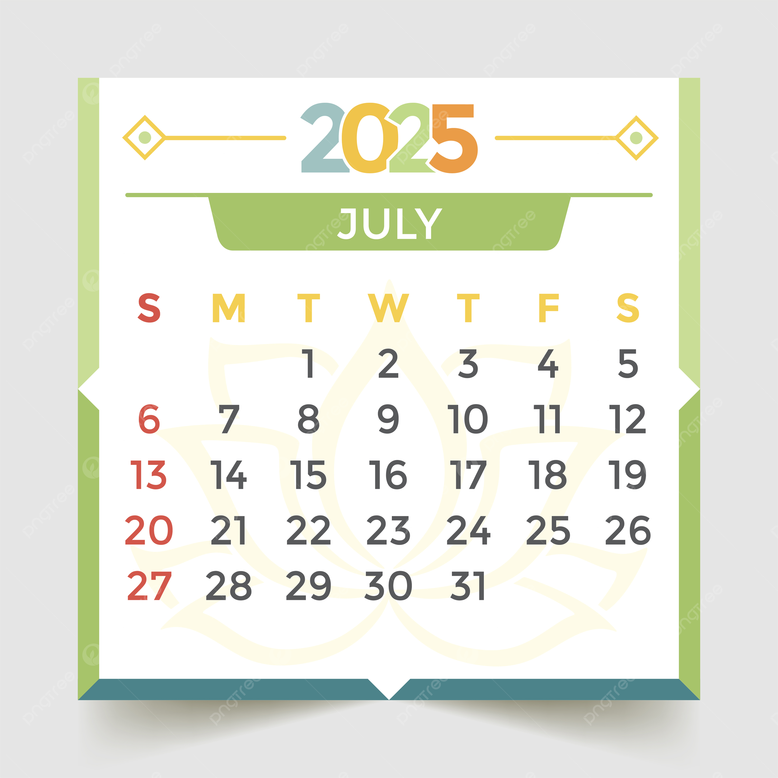 July 2025 Calendar Green Vector Template Download On Pngtree