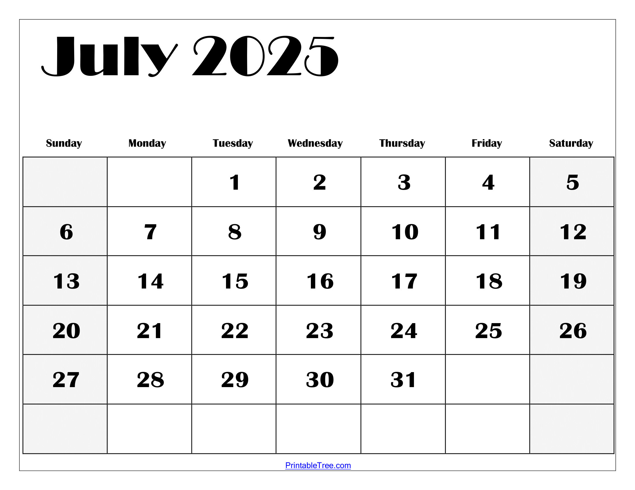 Print July 2025 Calendar Free