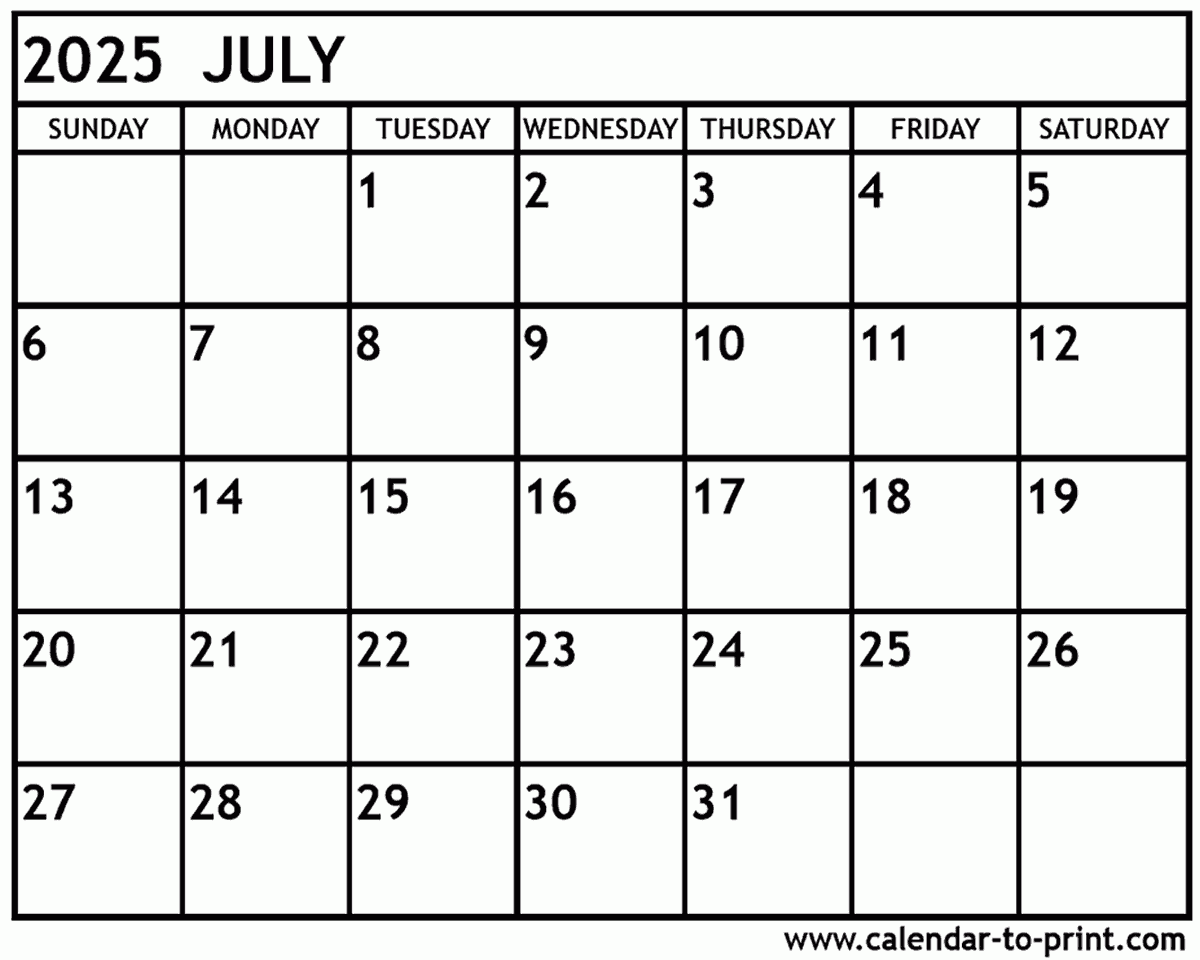 Simple July Calendar 2025