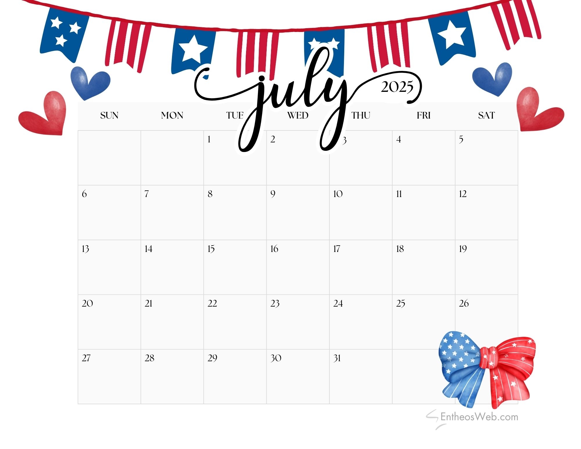18 Month Calendar Starting July 2025 Printable