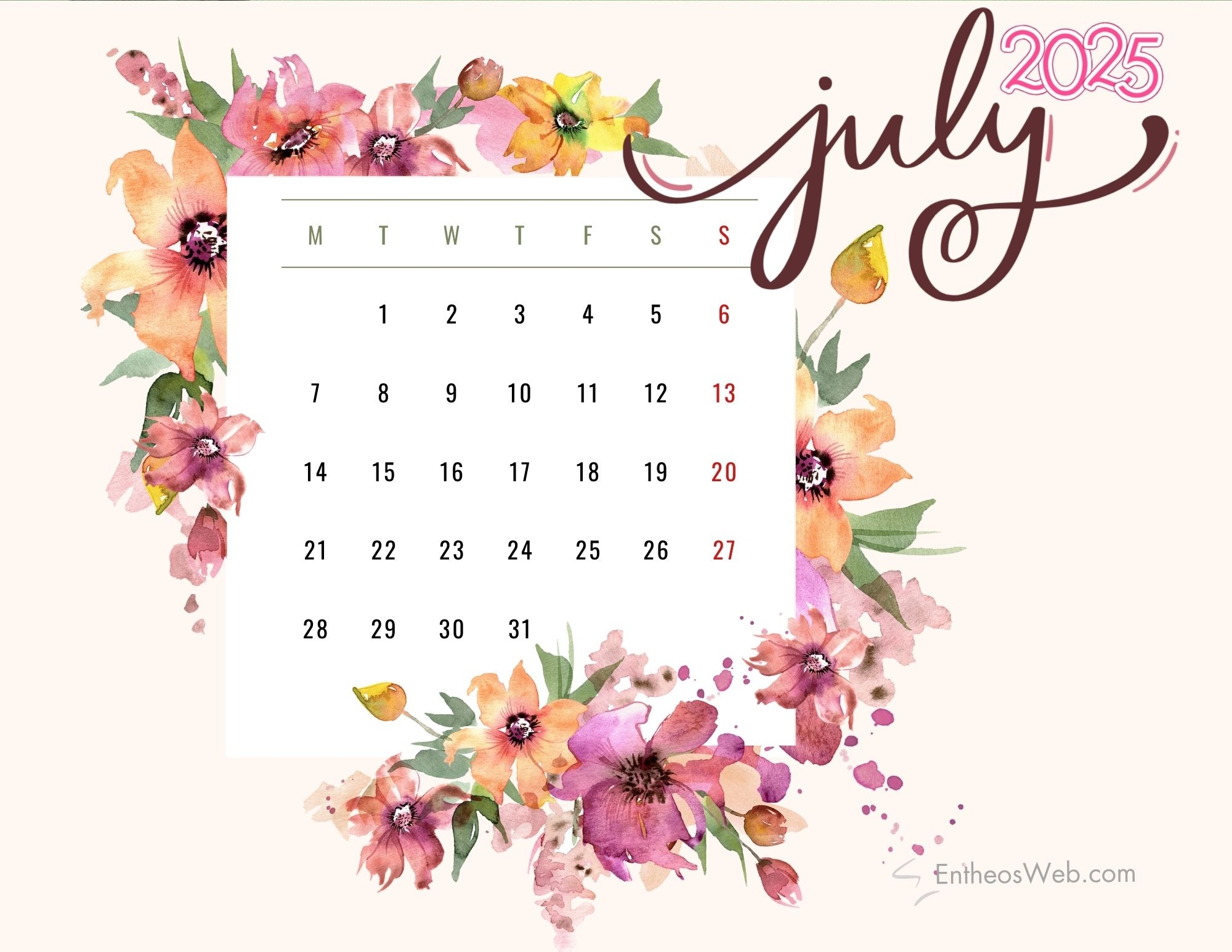 July 2025 Calendar Printables EntheosWeb