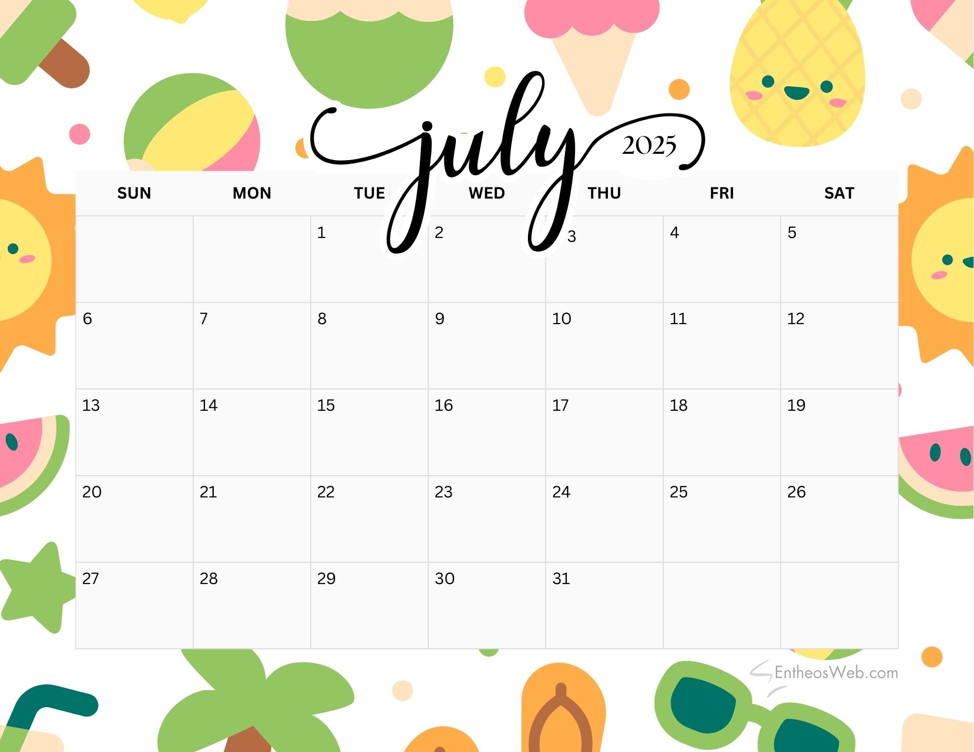 Blank Calendar July 2025 Free Download