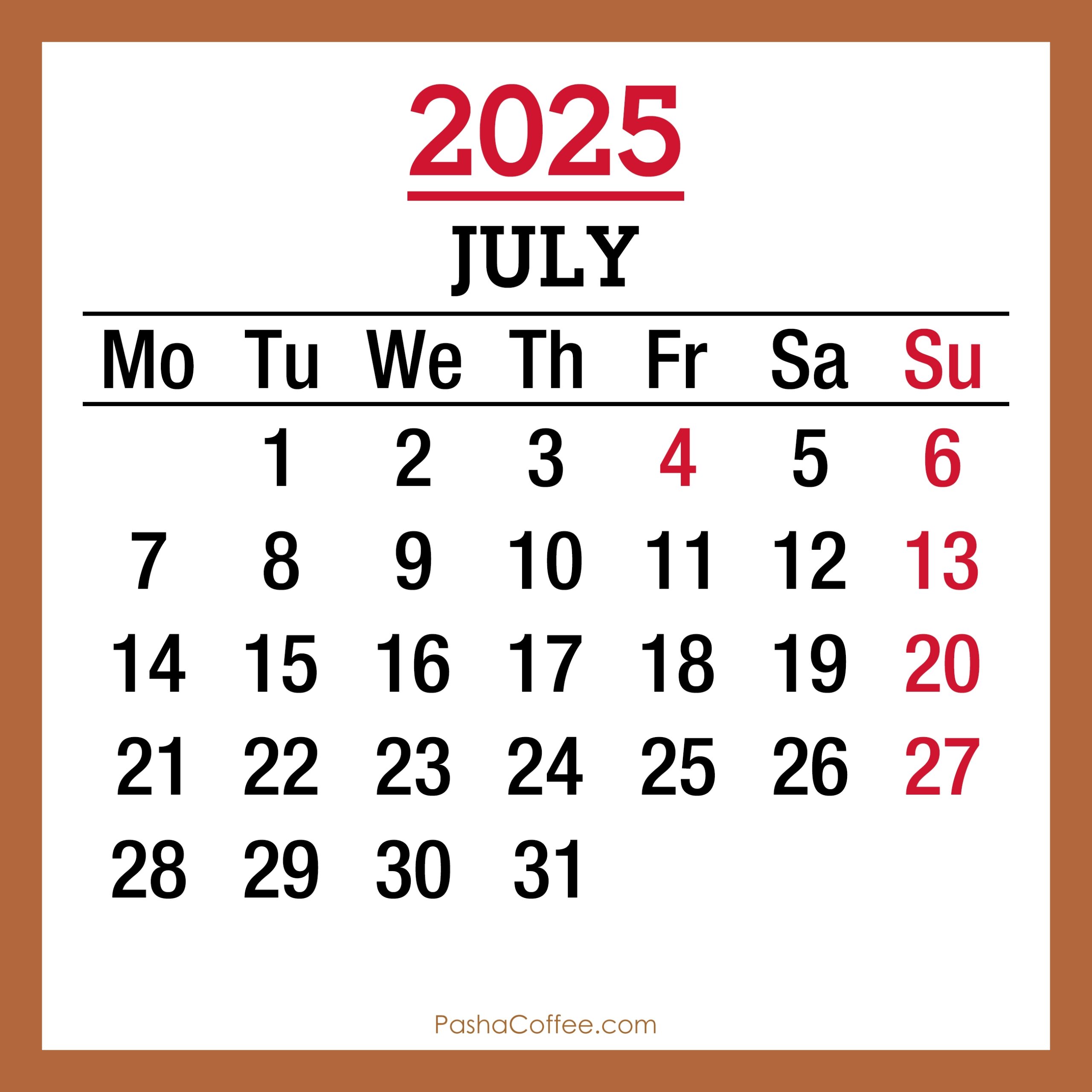 July 2025 Monthly Calendar With Holidays Printable Free Beige Monday Start PashaCoffee