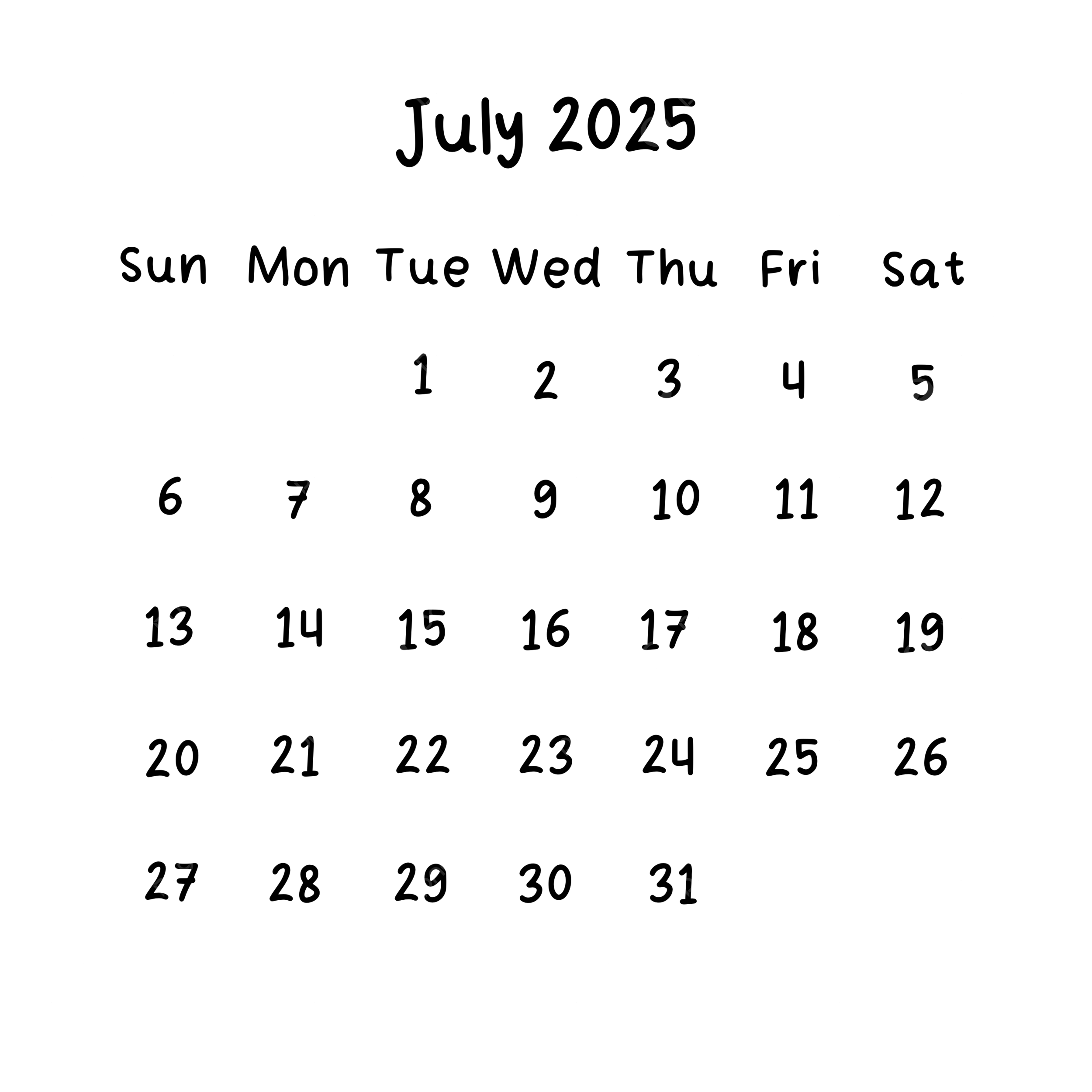 July 2025 Plain Calendar In Black Color July Calendar 2025 PNG Transparent Clipart Image And PSD File For Free Download