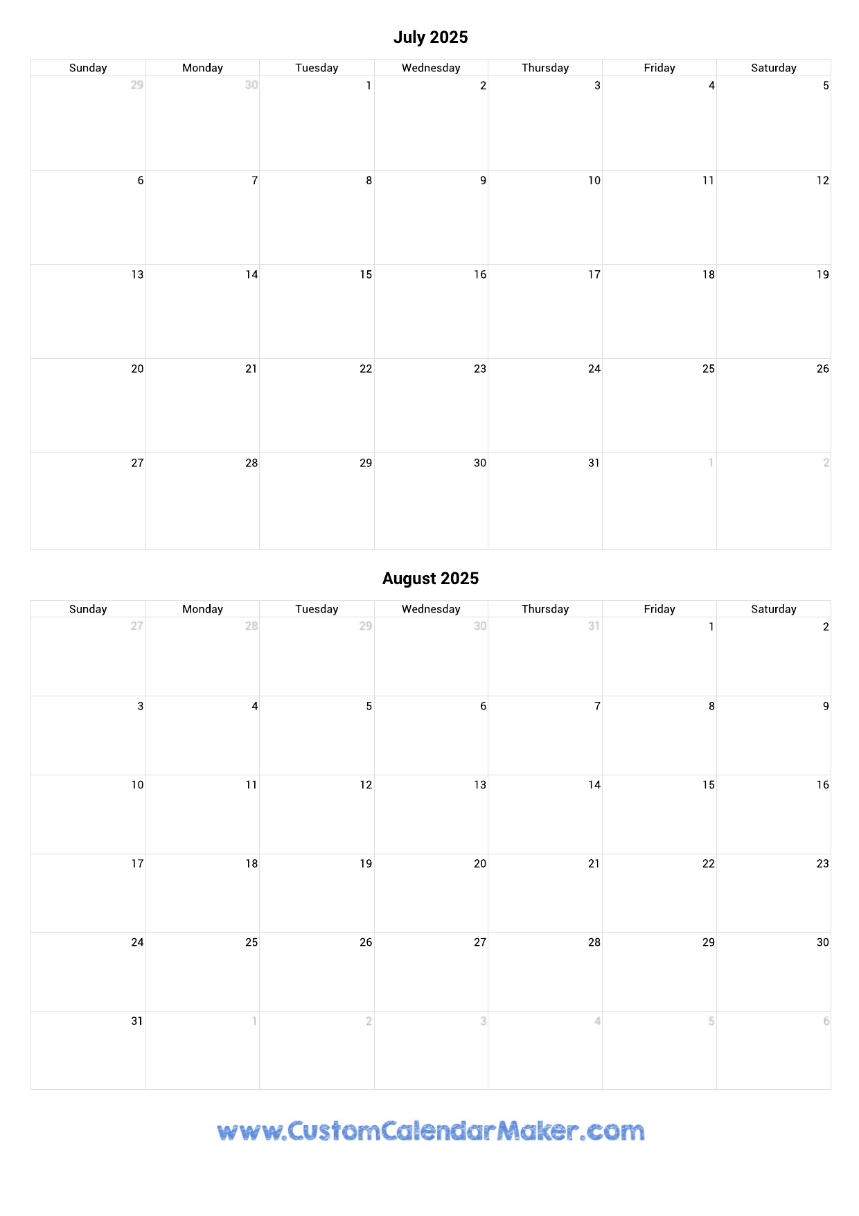 July And August 2025 Calendar Custom Calendar Maker July And August 2025 Calendar Custom Calendar Maker