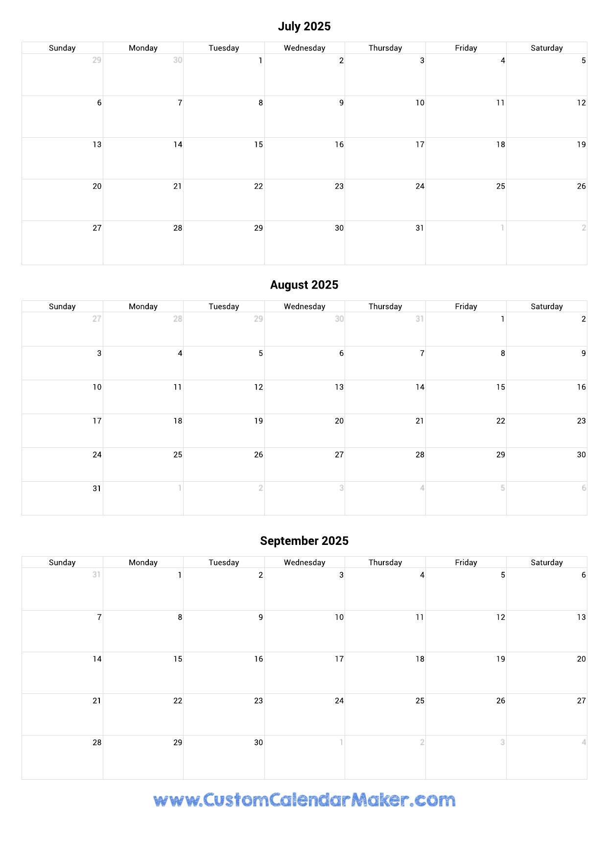 July To September 2025 Calendar Printable Custom Calendar Maker