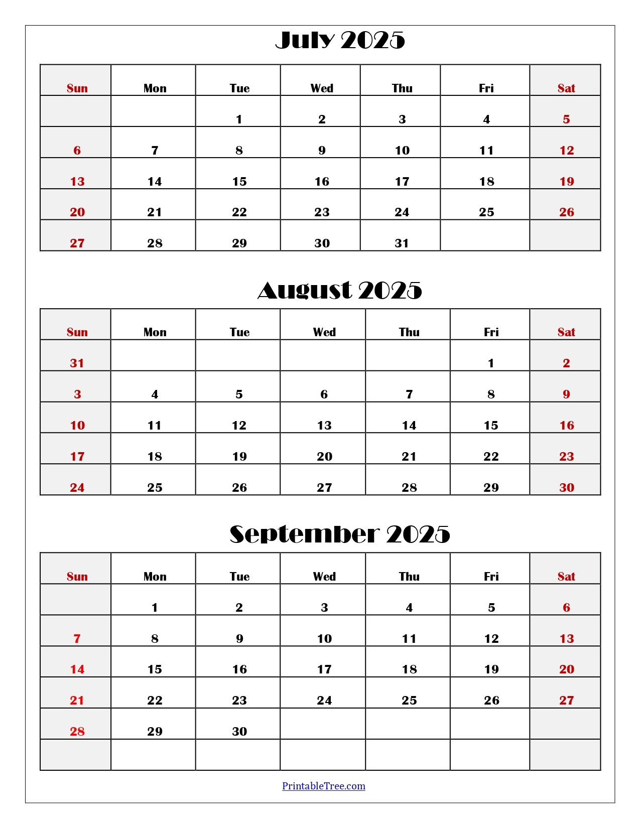 July To September 2025 Calendar Printable PDF Three Months Calendar